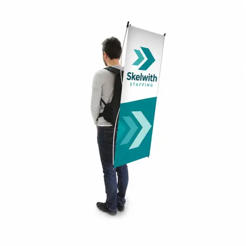 Backpack Flags and Kit - X-Banner - Single-Sided - 1200 x 500mm, shown with example artwork