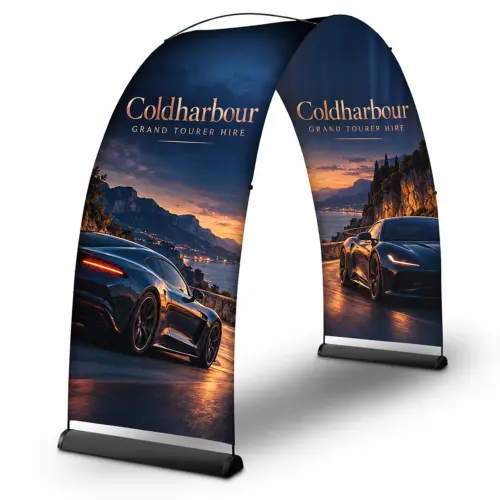 Bannerbow Outdoor Display System and Graphic - Large - Single-Sided, shown with example artwork