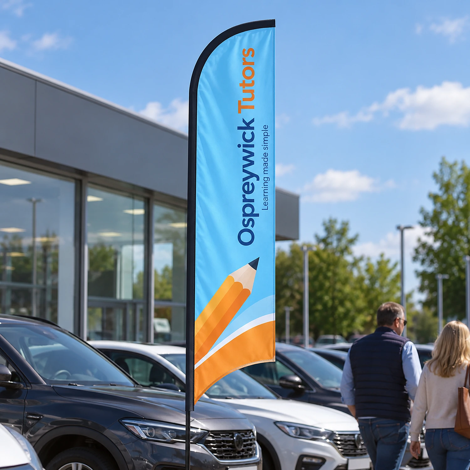Blade Flag 10ft on a car dealership forecourt, shown with an example design
