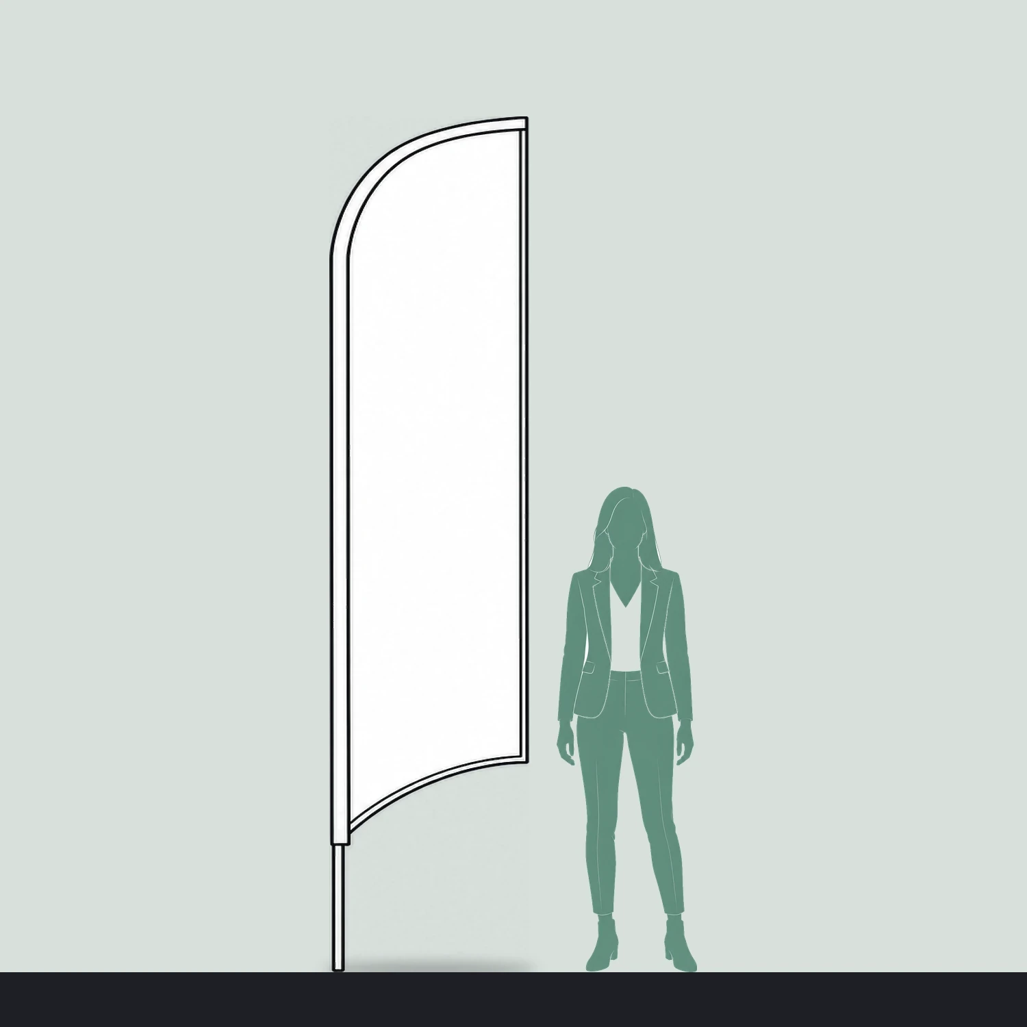 Line drawing of the Blade Flag 10ft shown to scale next to a 1.7m person