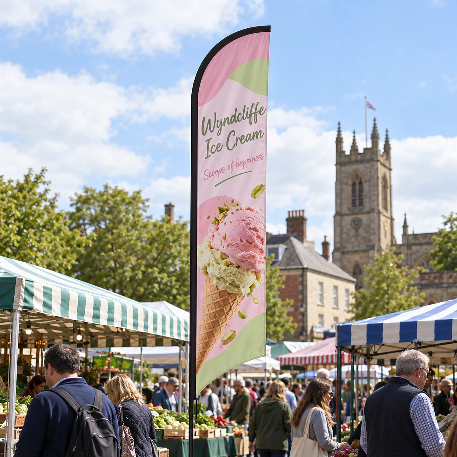 Blade Flag 14ft at a farmers' market, shown with an example design