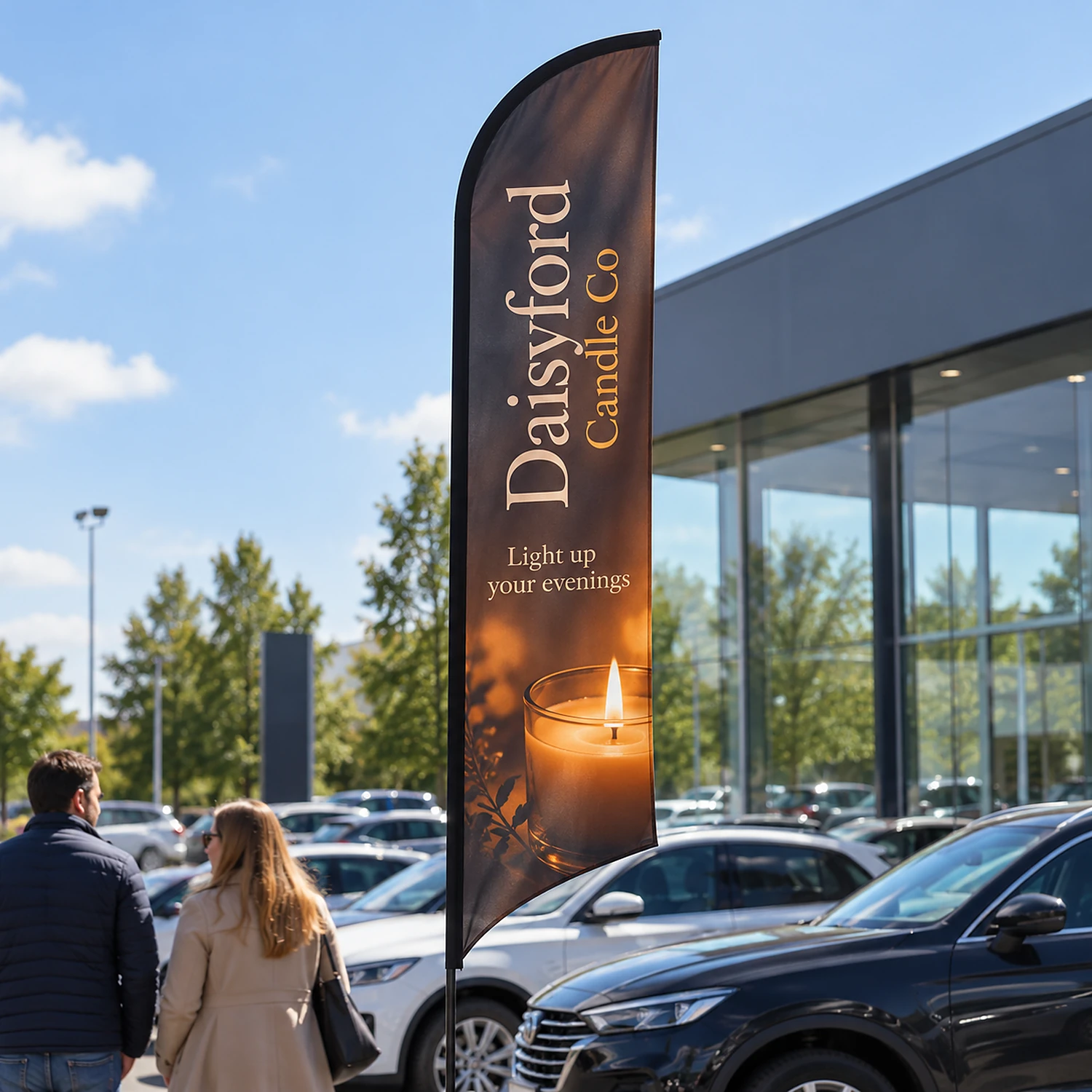 Blade Flag 14ft on a car dealership forecourt, shown with an example design