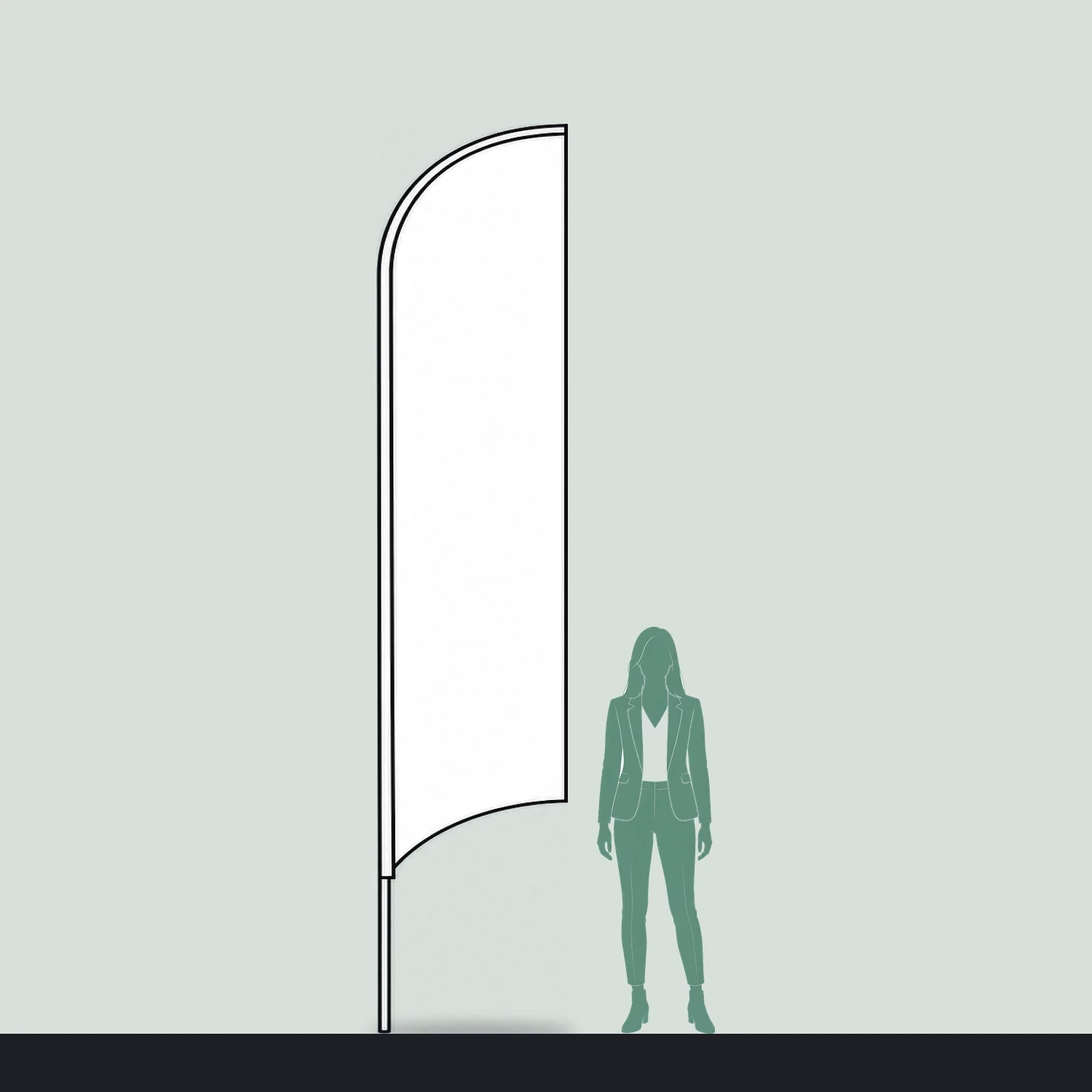 Line drawing of the Blade Flag 14ft shown to scale next to a 1.7m person