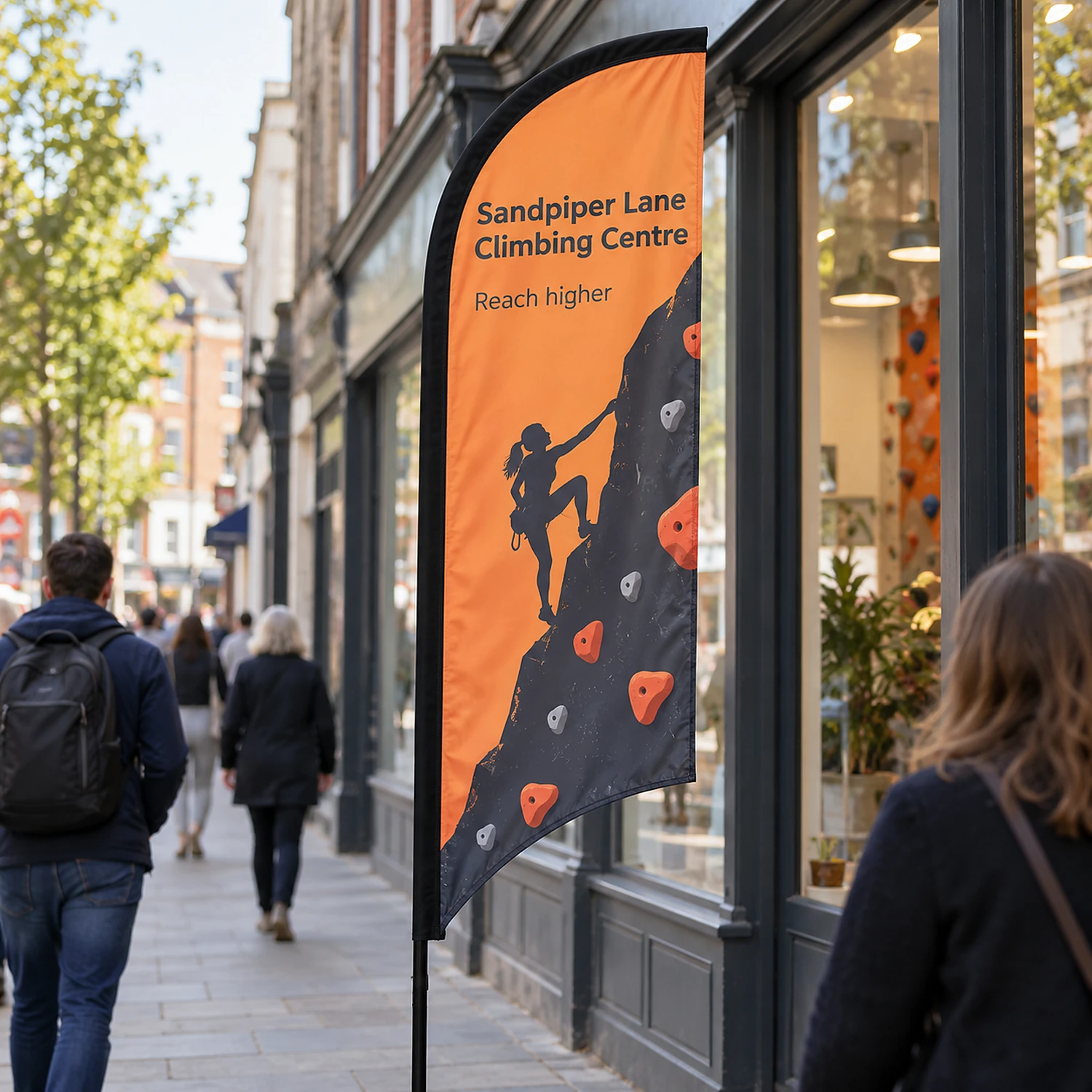 Blade Flag 7ft outside a shop on a high street, shown with an example design