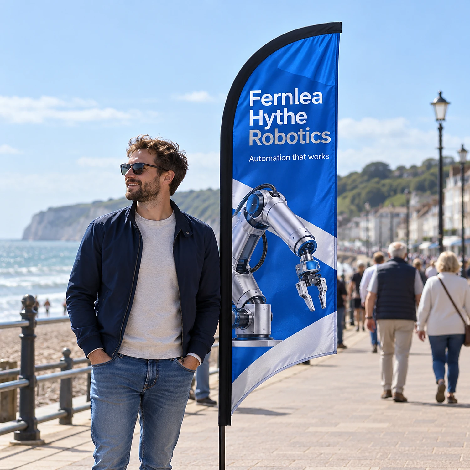 Blade Flag 7ft on a seaside promenade, shown with an example design