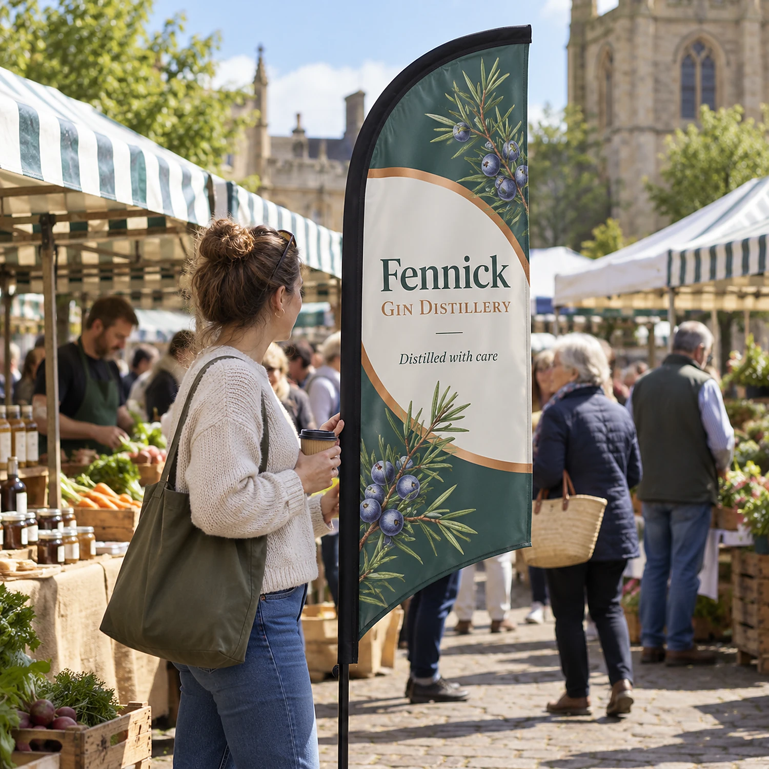 Blade Flag 7ft at a farmers' market, shown with an example design