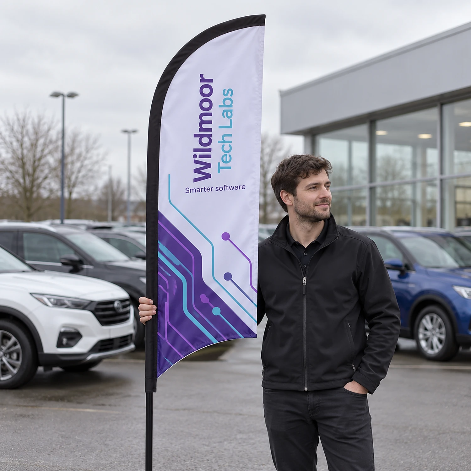 Blade Flag outdoors, shown with an example design