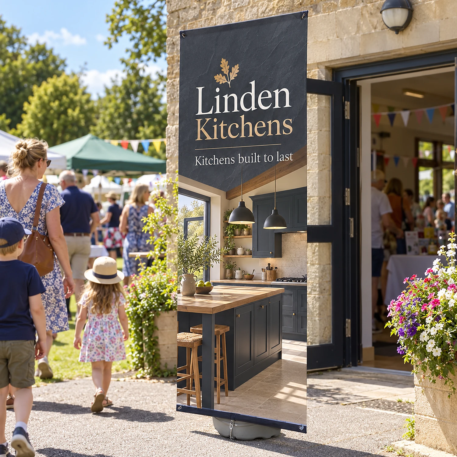 Outdoor pole banner in use outside a summer fete