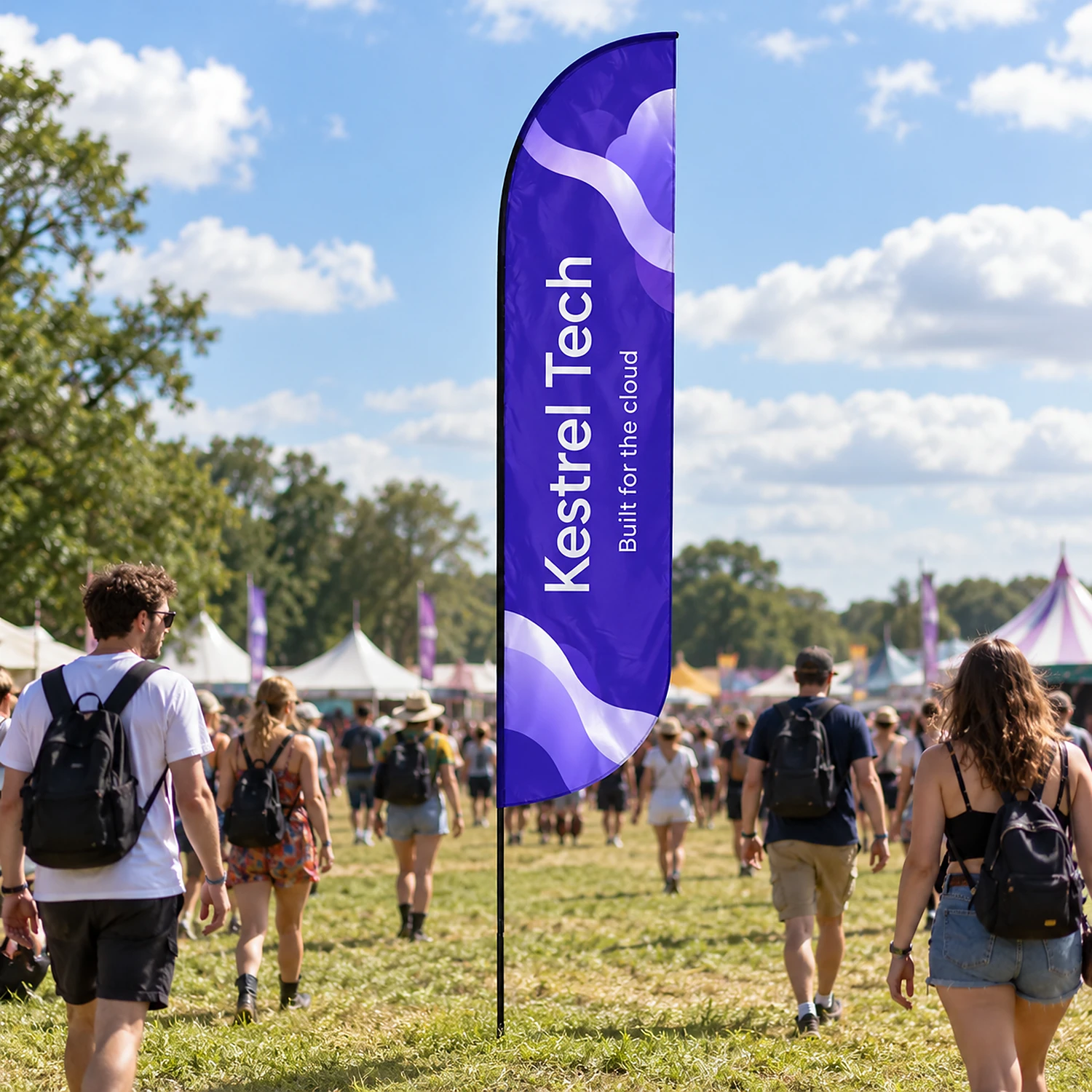 Bold fibreglass flag in use at a summer festival entrance