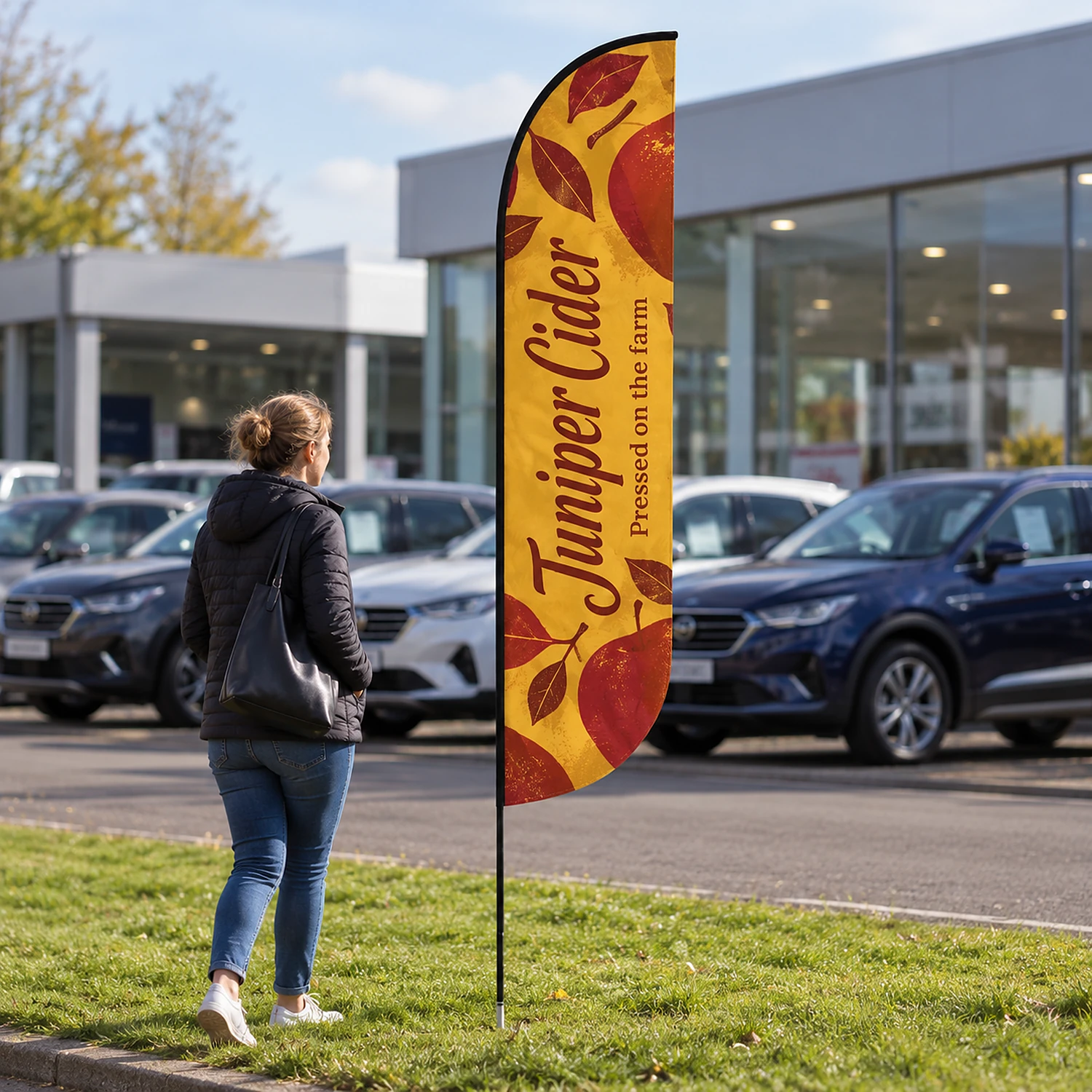 Bold fibreglass flag in use outside a car showroom