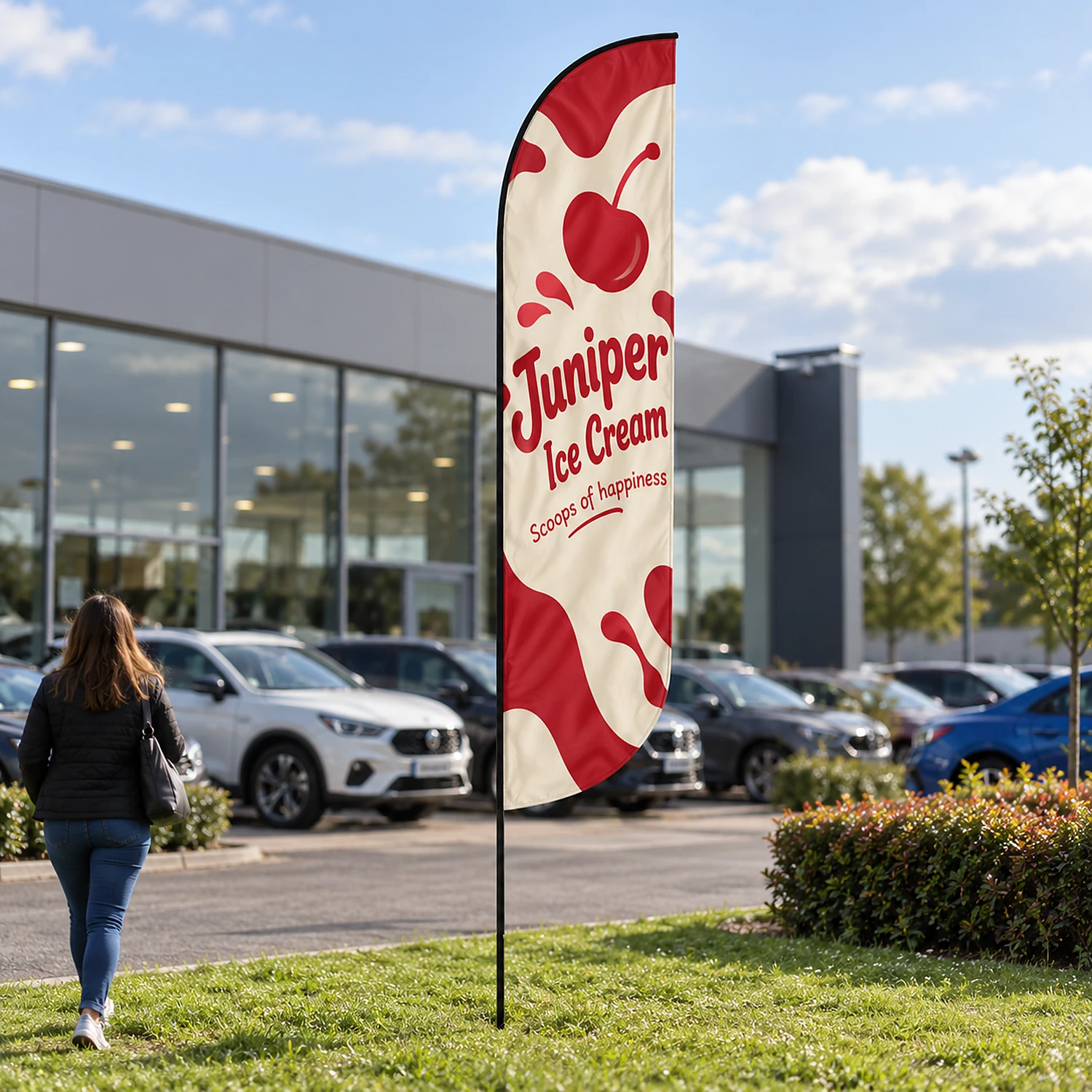 Bold fibreglass flag in use outside a car showroom