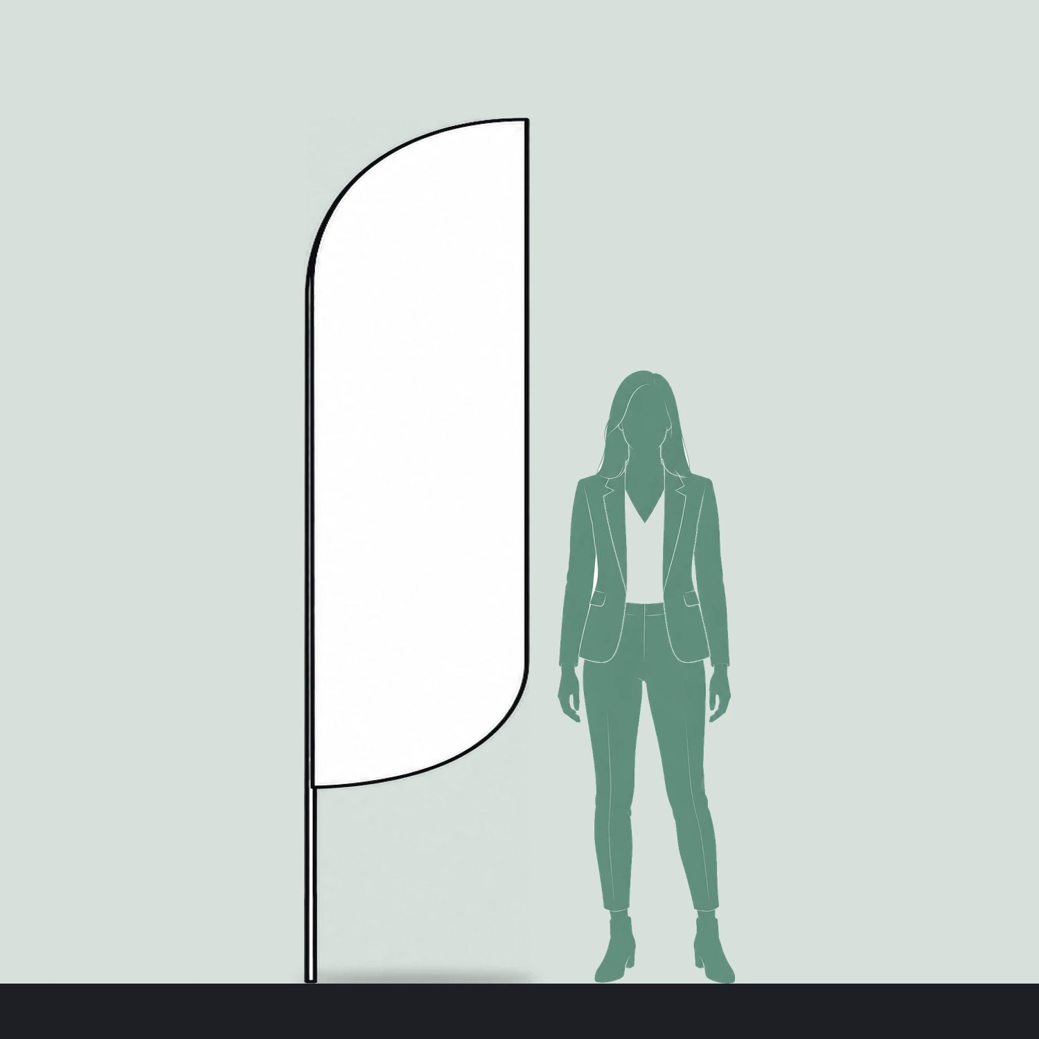 Bold fibreglass flag size guide, 625mm wide x 2400mm high, shown next to a person for scale