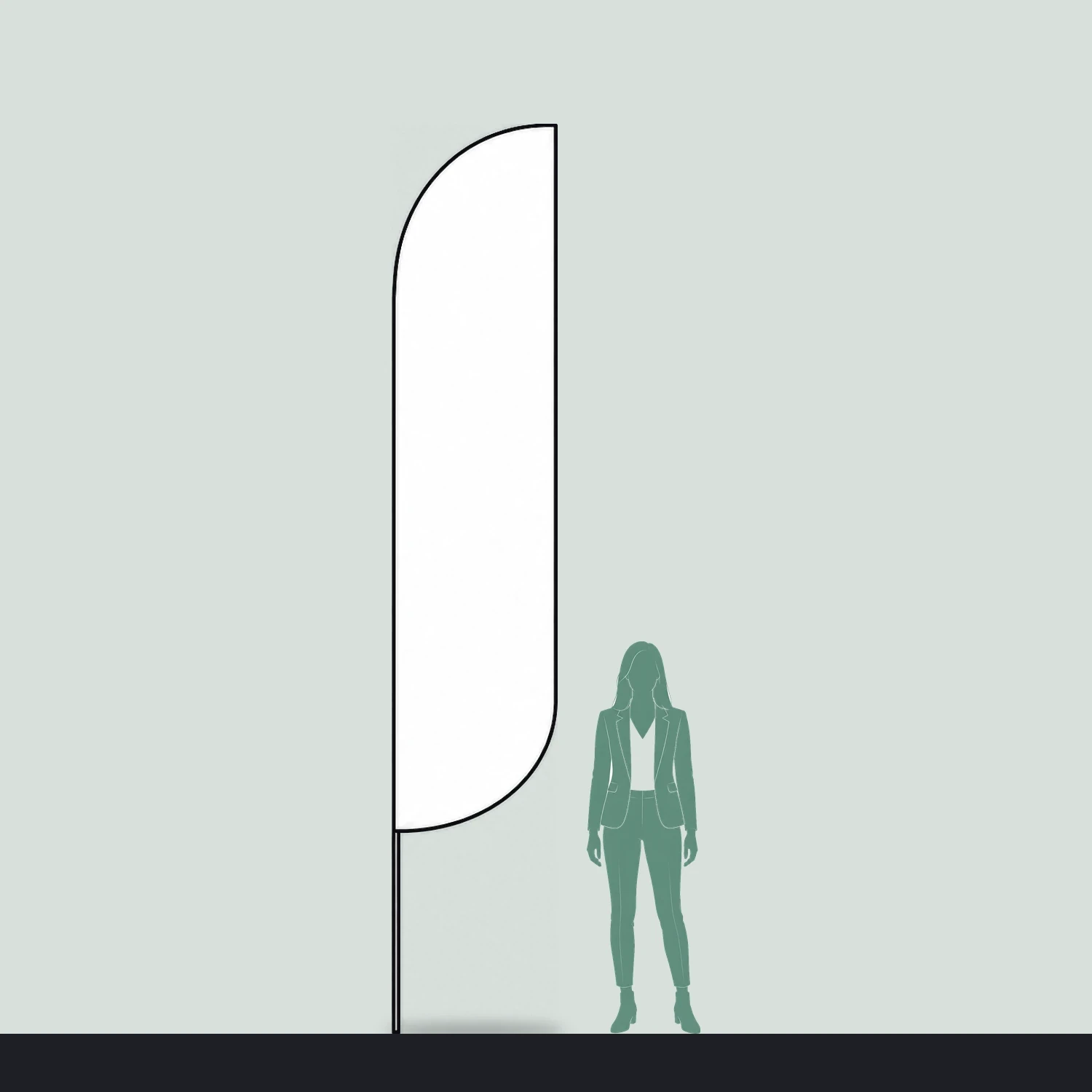 Bold fibreglass flag size guide, 720mm wide x 3940mm high, shown next to a person for scale