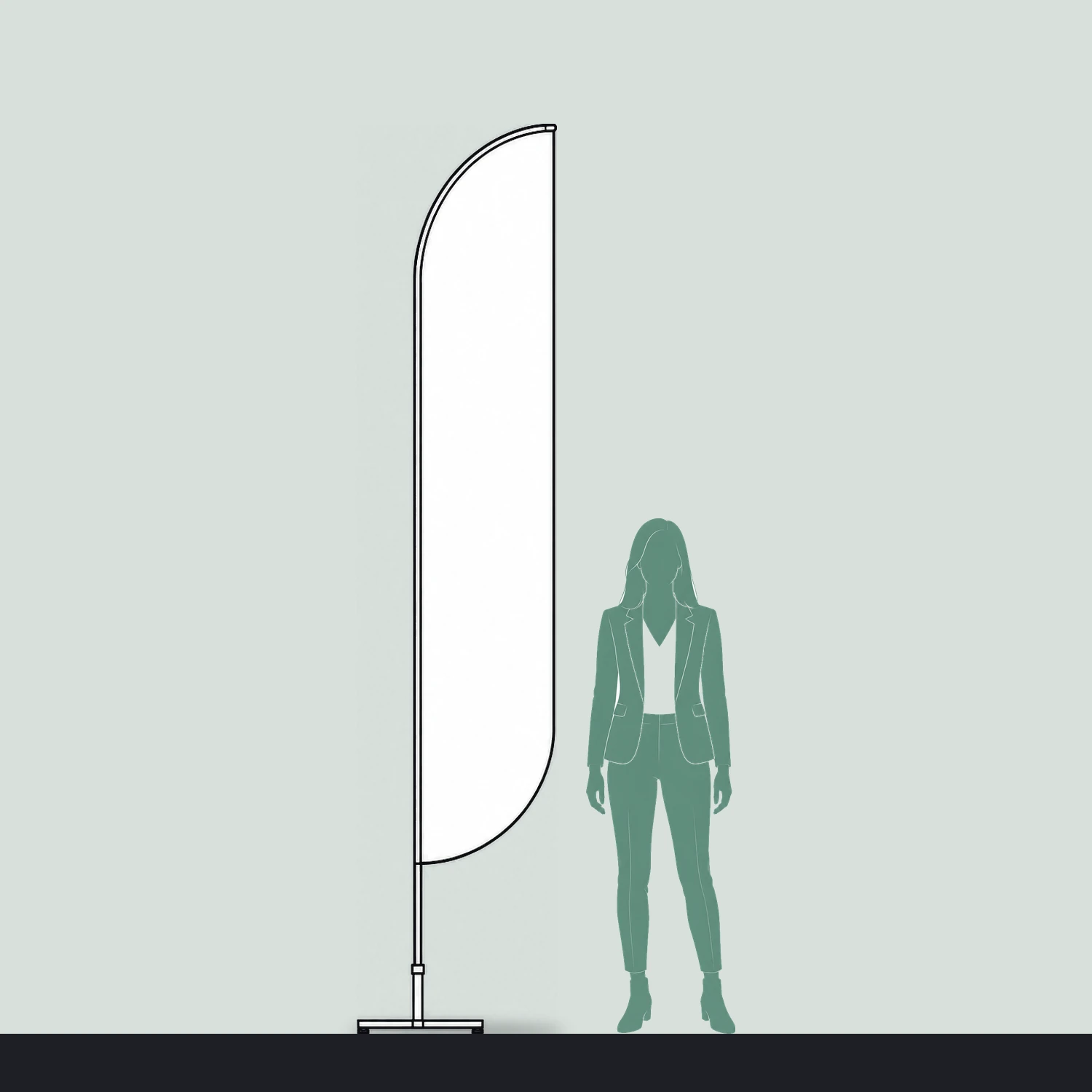 Bold flag size guide, 0.66 m wide by 3 m high, shown next to a person