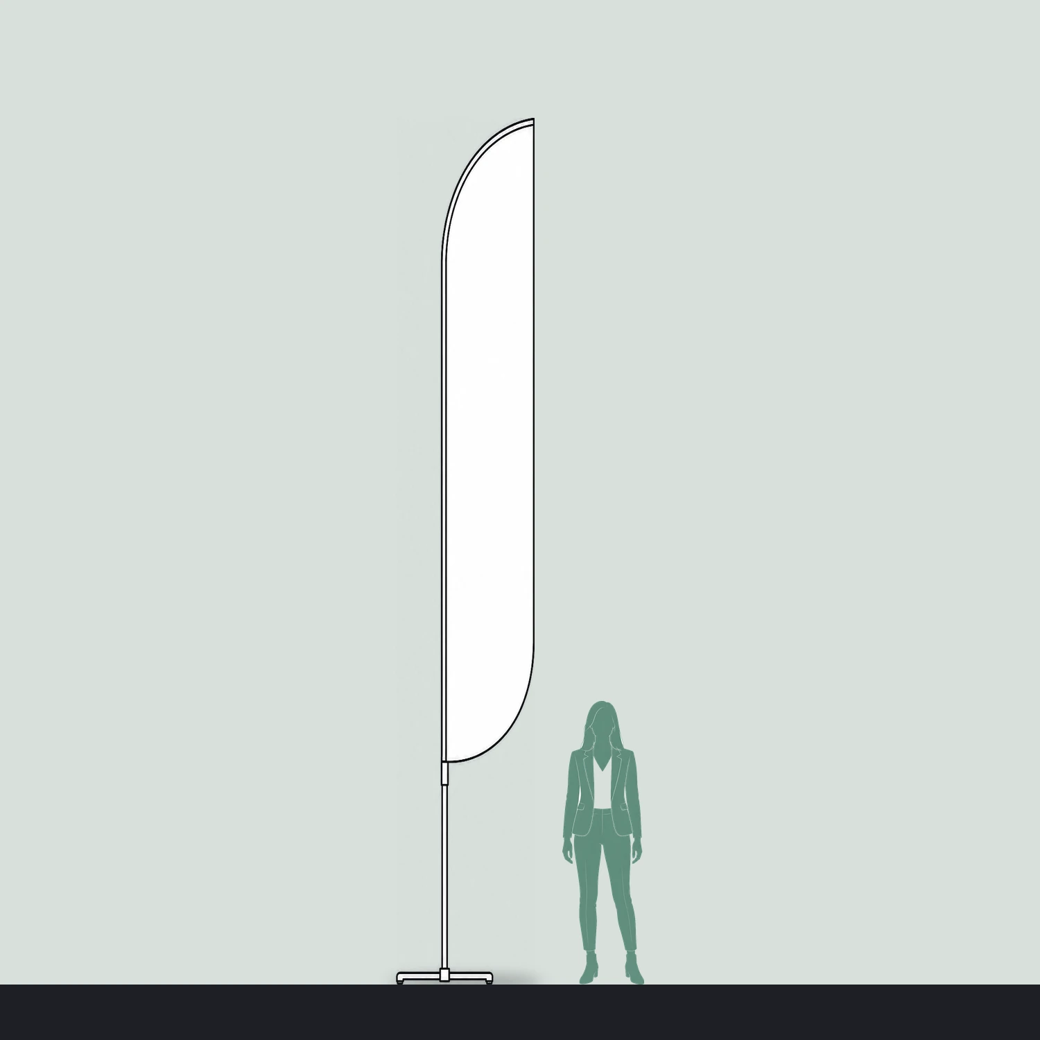 Bold flag size guide, 0.83 m wide by 5.2 m high, shown next to a person