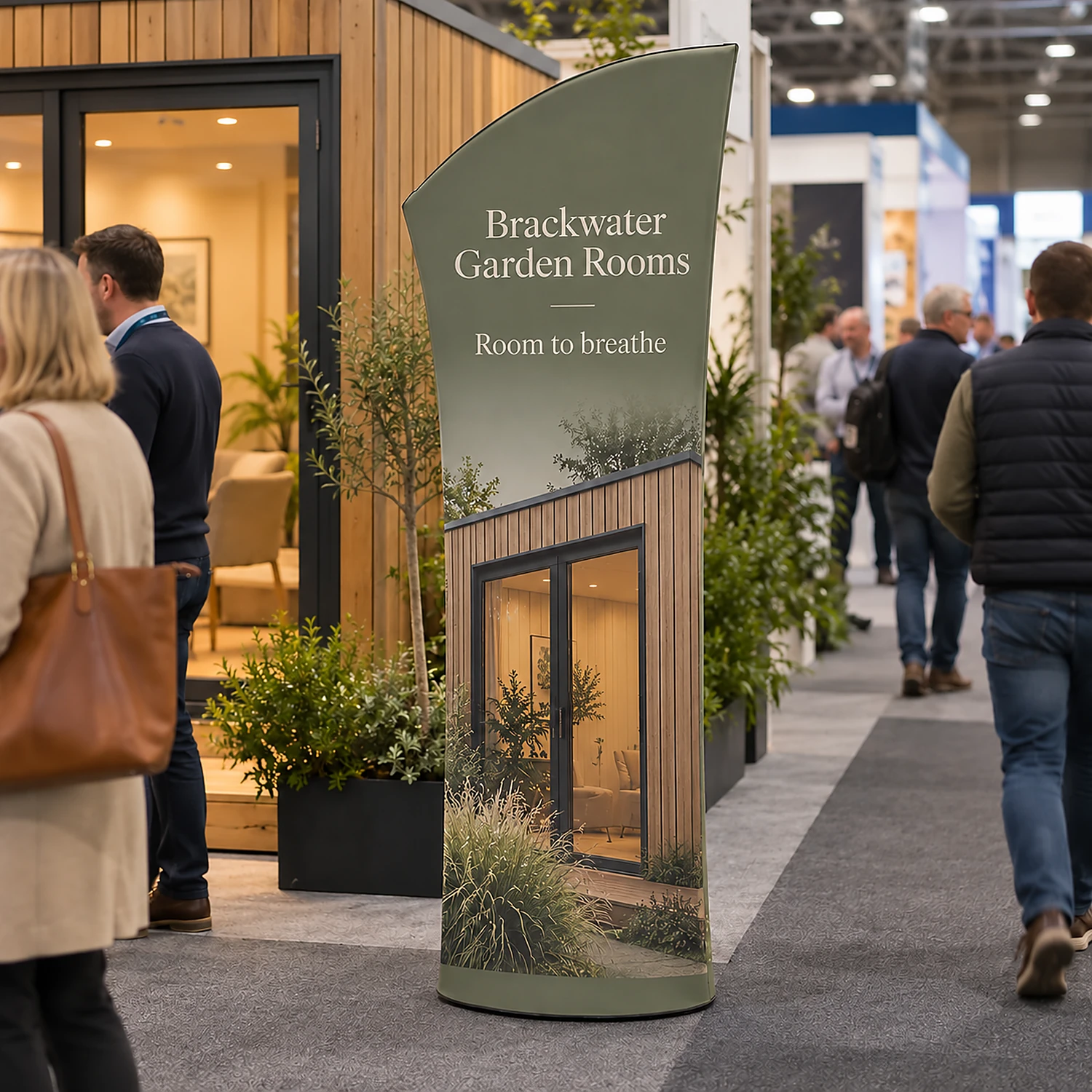 Brandcusi Angle Banner Stand at a trade show, shown with an example design