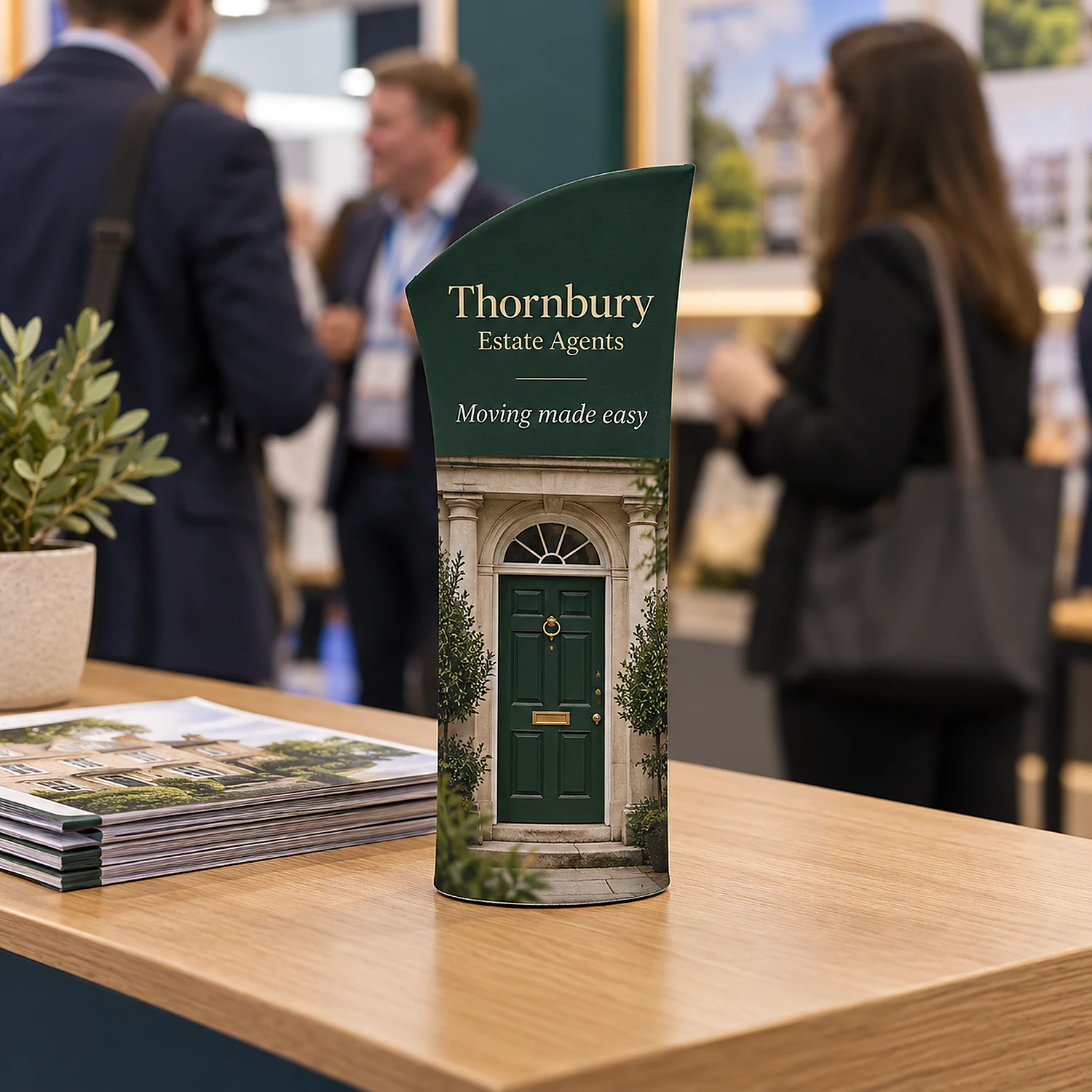 Brandcusi Bambino Tabletop Banner Stand tabletop banner stand on an exhibition stand table, shown with an example design