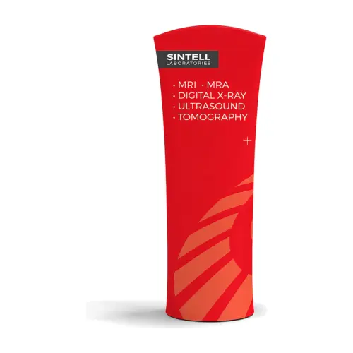 Brandcusi Curved Banner Stand fabric tower, shown with an example design