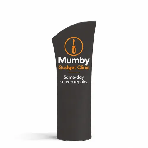 Brandcusi Mini Banner Stand - Angled - Double-Sided - 800x399x1488mm, shown with example artwork