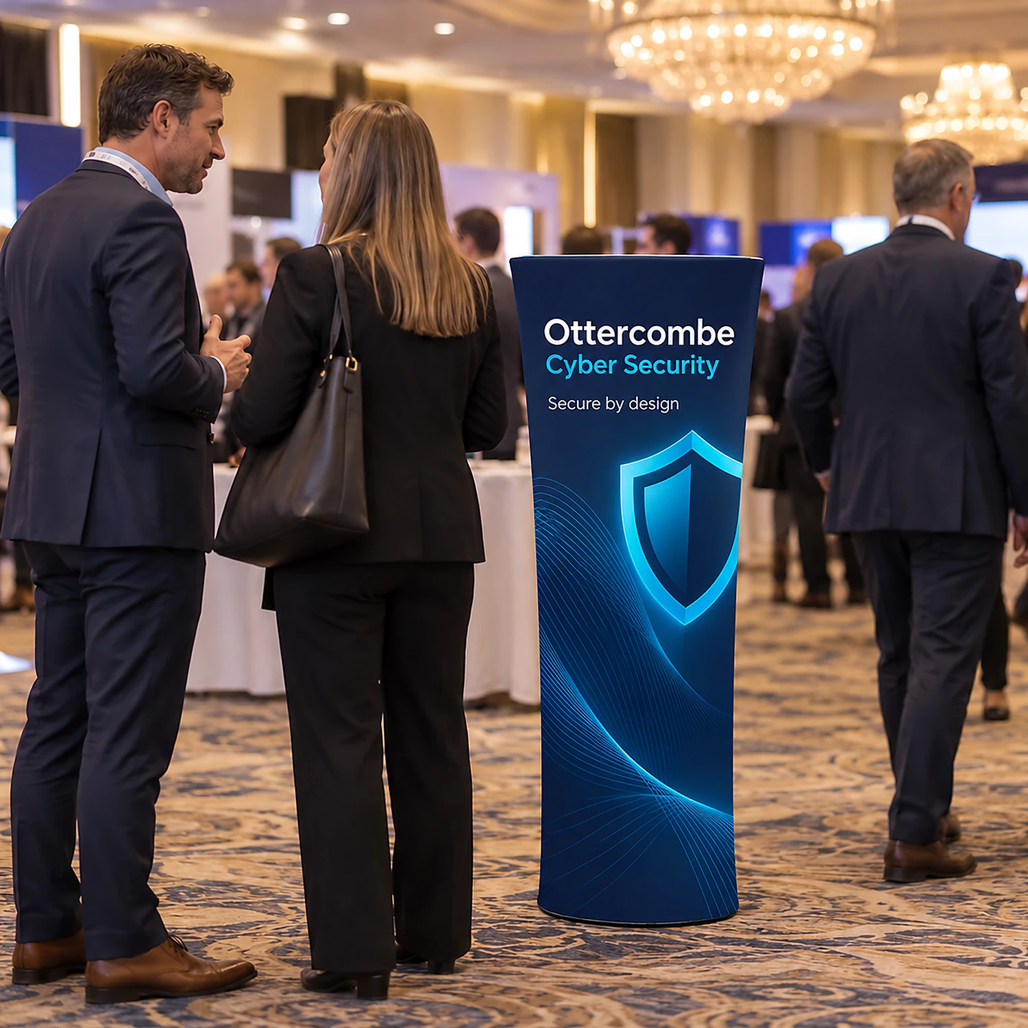 Brandcusi Mini Straight Banner Stand at a conference exhibition in a hotel ballroom, shown with an example design