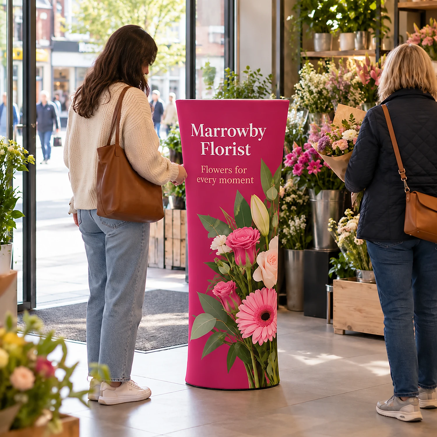 Brandcusi Mini Straight Banner Stand in a high-street shop, shown with an example design