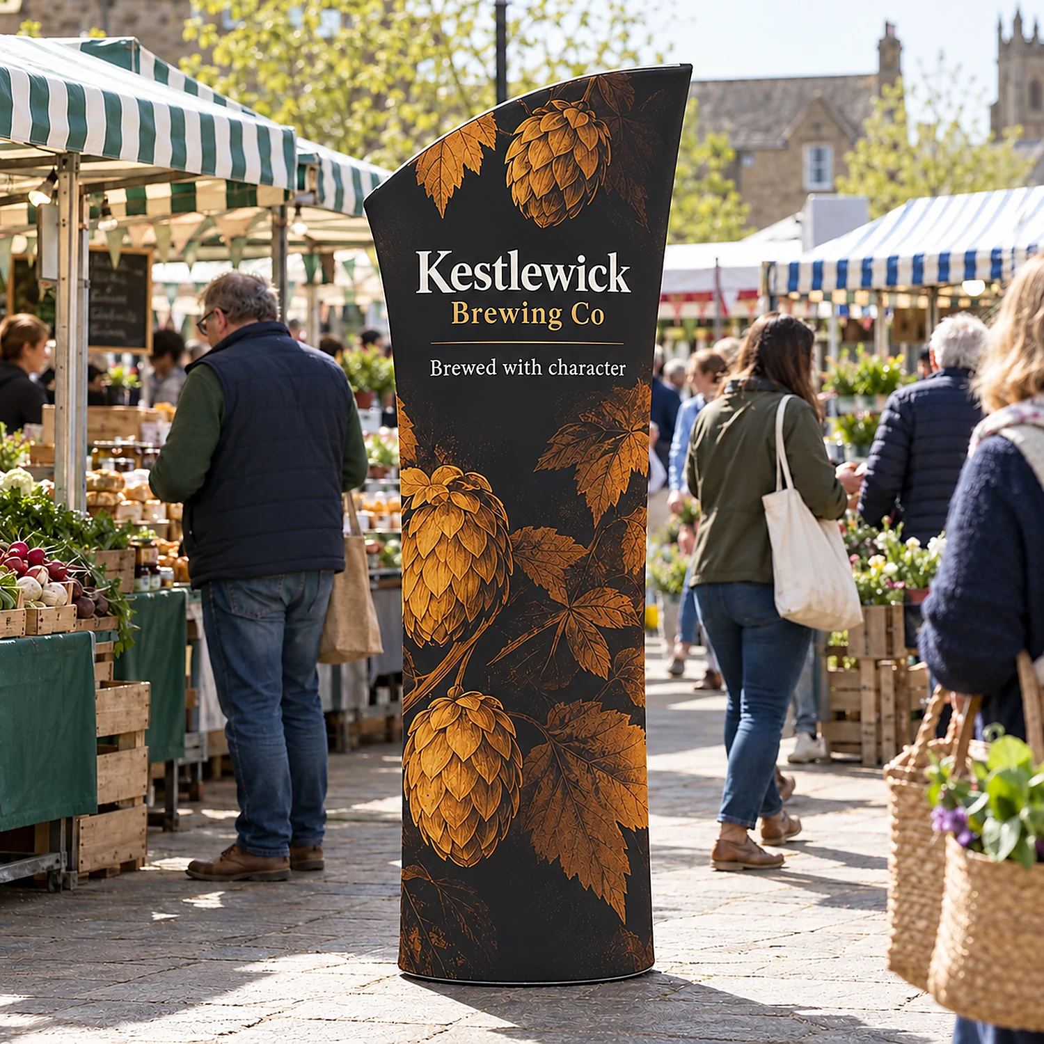 Brandcusi Outdoor Angle Banner Stand at a farmers' market, shown with an example design