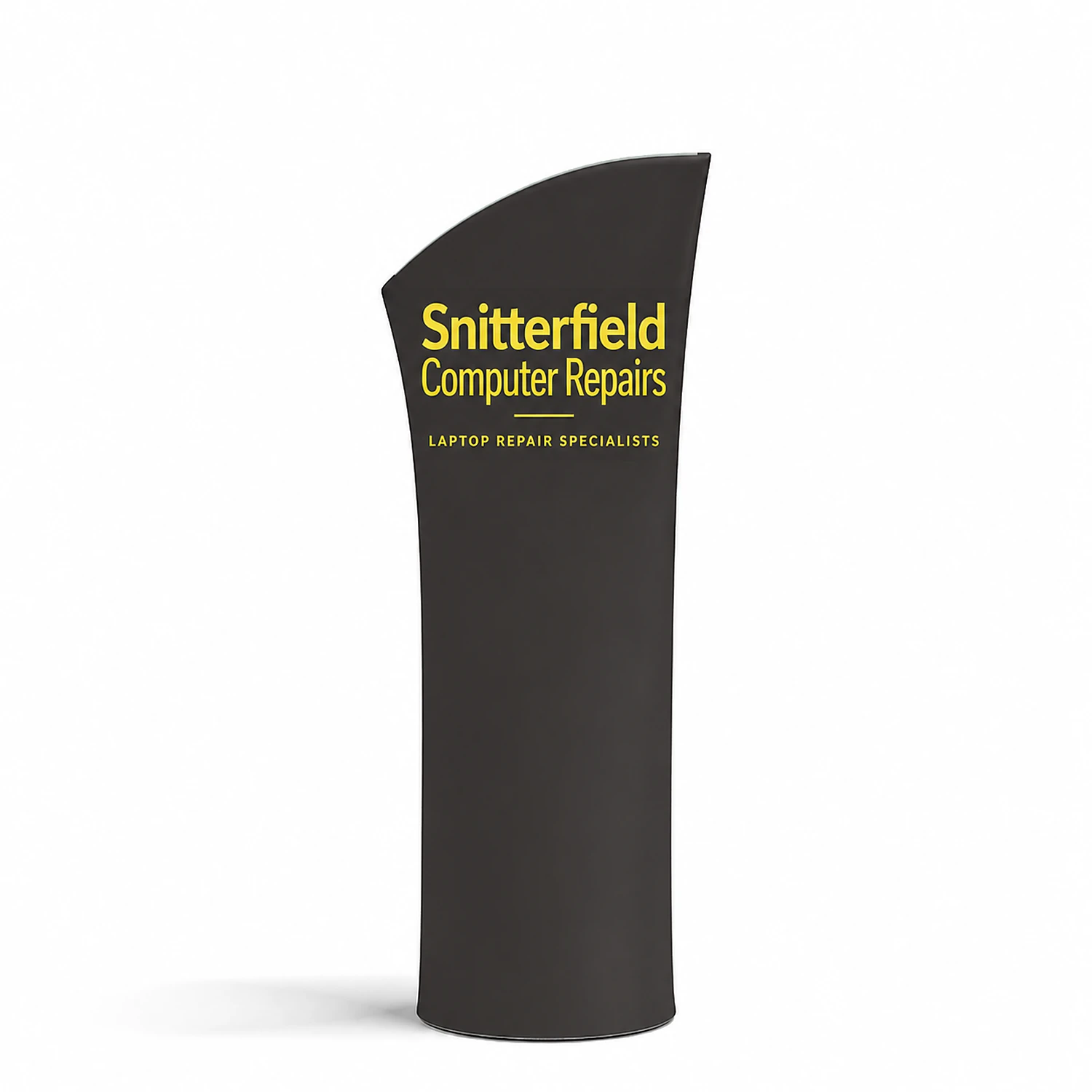 Brandcusi Outdoor Angled Banner Stand - Frame w/ Base - Double-Sided, shown with example artwork