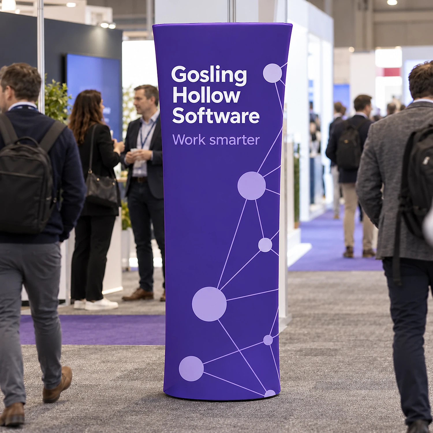 Brandcusi Straight Banner Stand at a trade show, shown with an example design