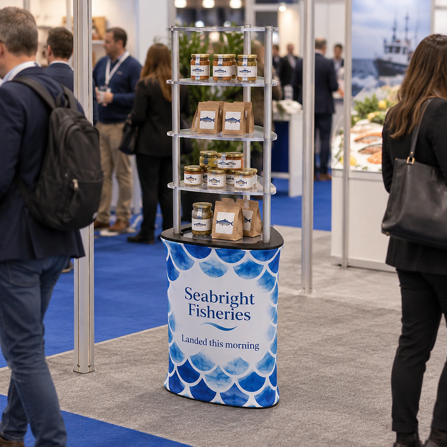 Brandcusi Triangular Tower display counter with shelves at a trade show, shown with an example design