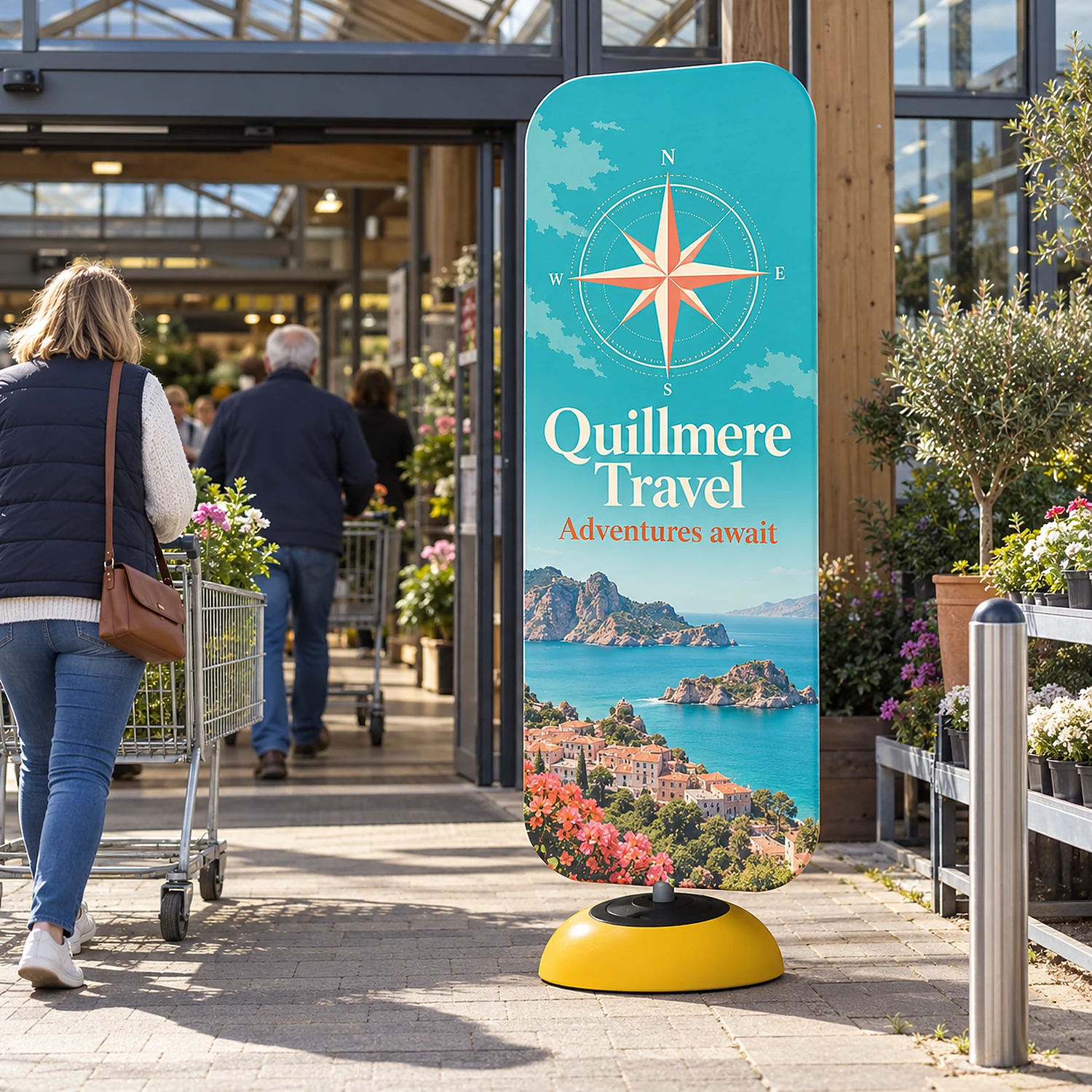 Bubble Poster Stand at a garden centre entrance, shown with an example design