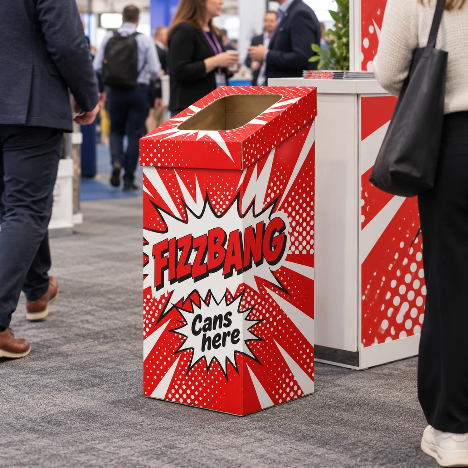 Cardboard Angled Bin with Lid in use at a trade show, shown with an example design