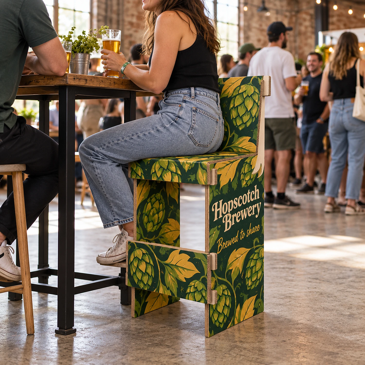 Cardboard Bar Stool with an example design, in use at a craft beer festival tasting area in a converted warehouse with exposed brick