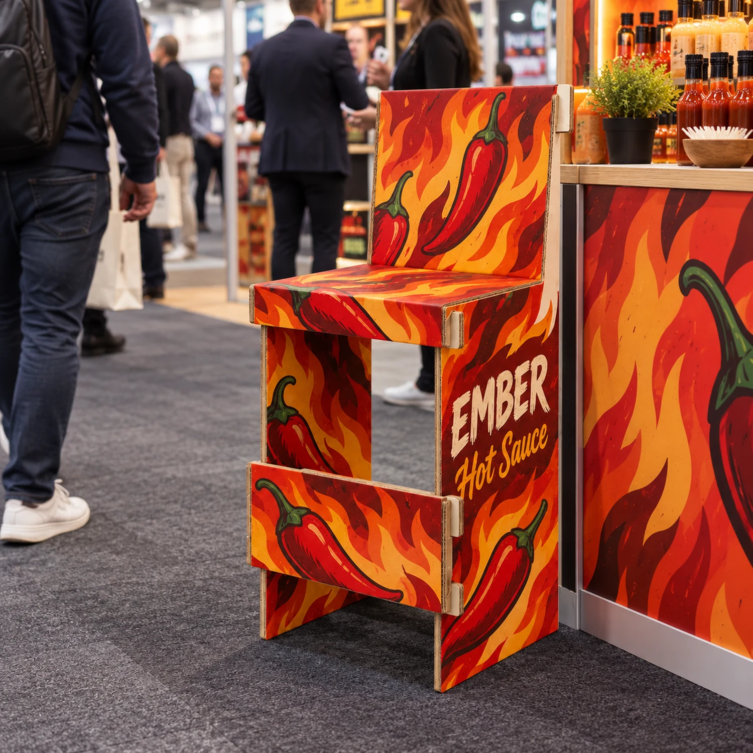 Cardboard Bar Stool in use at a trade show, shown with an example design