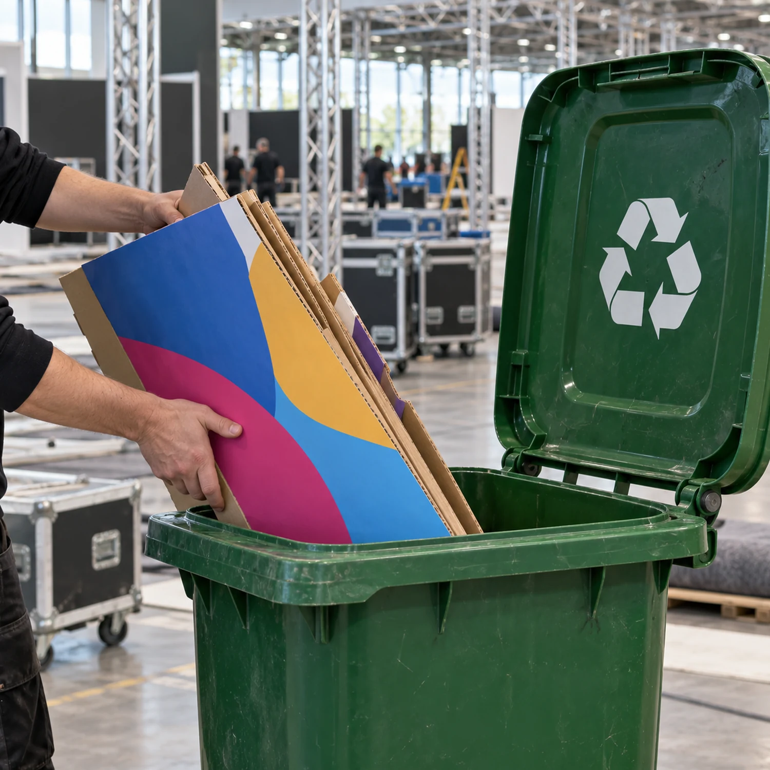 Printed cardboard display panels going into a recycling bin after an event