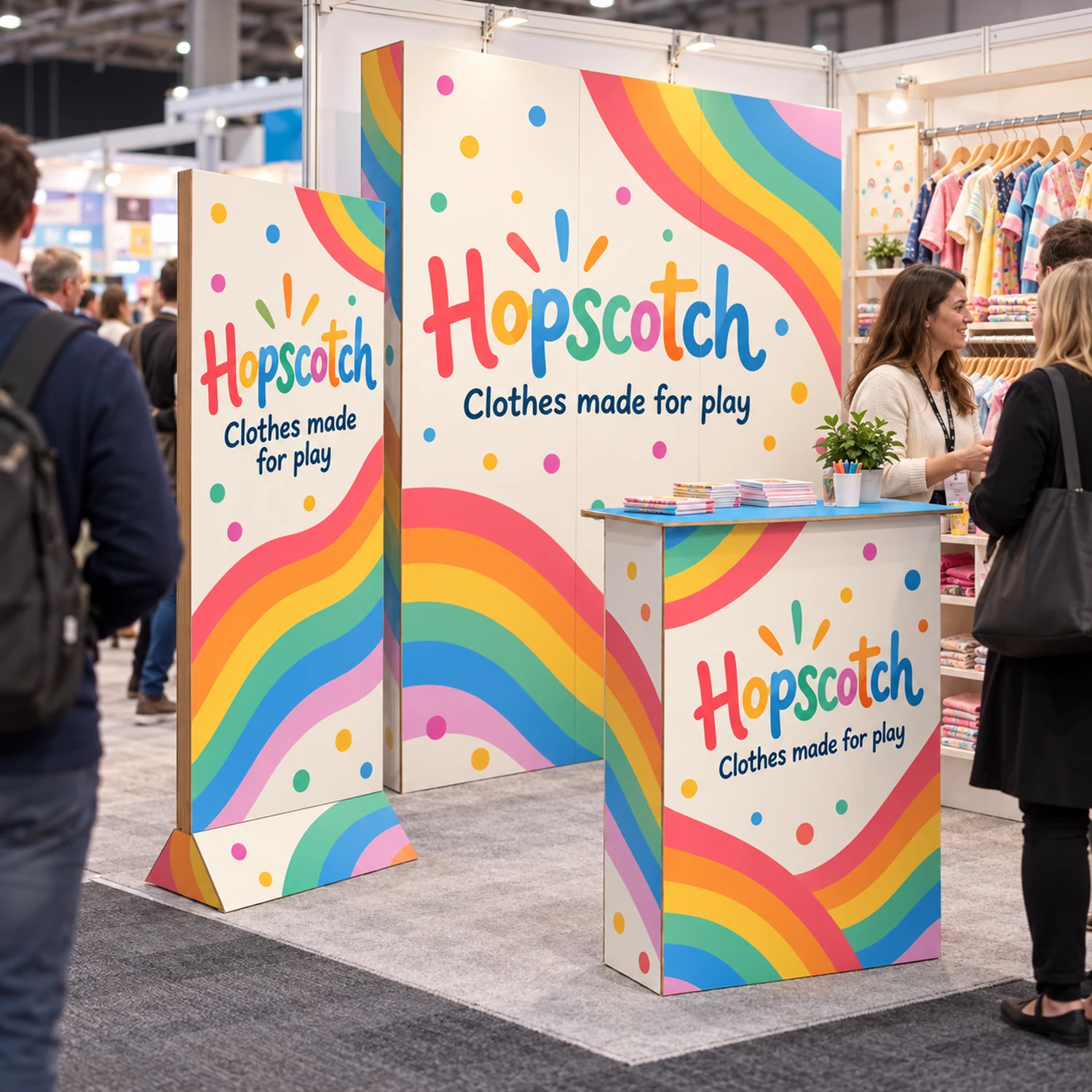 Cardboard Exhibition Stand Kit - 1.68m Wall, Counter & Banner Stand in use at a trade show, shown with an example design