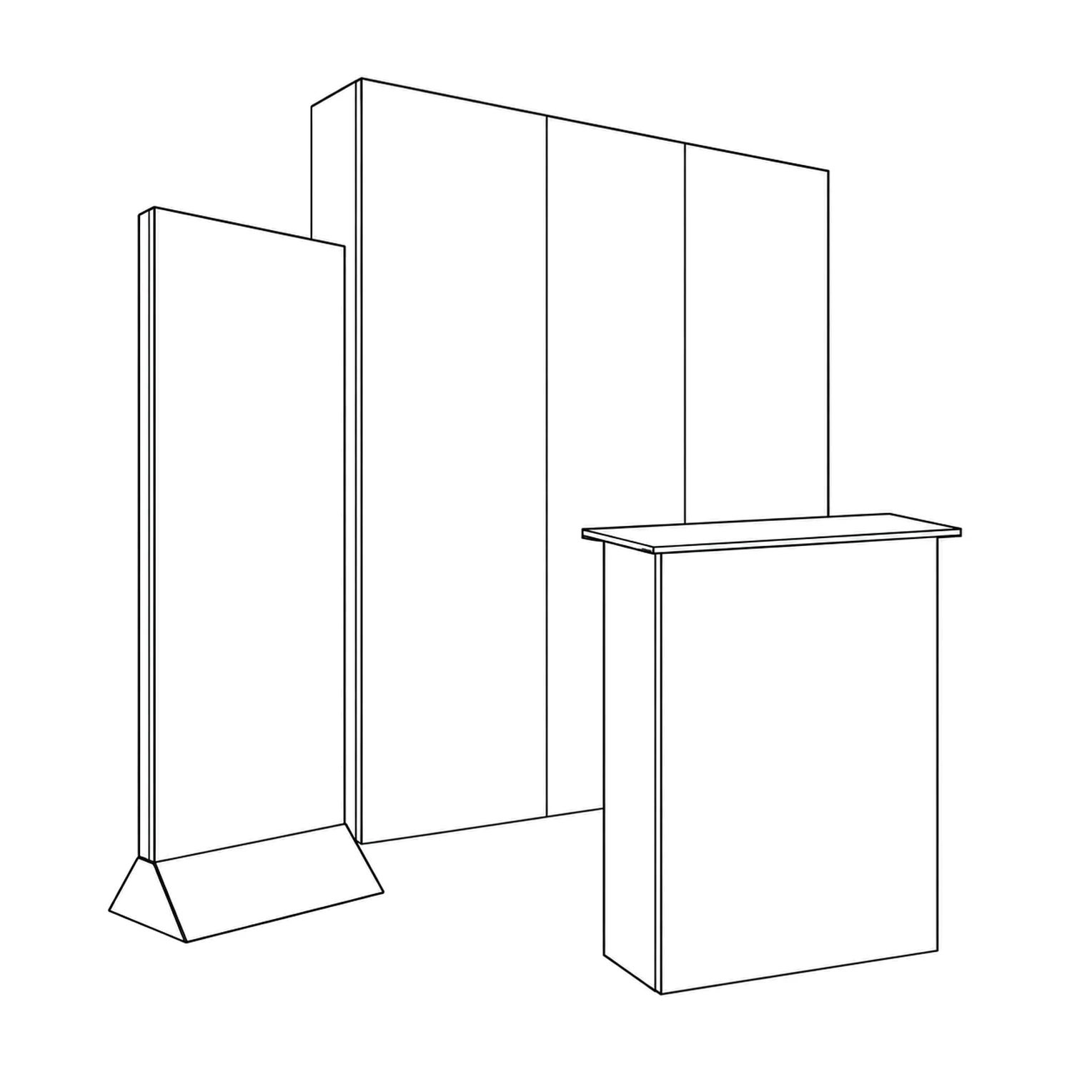 Line drawing of the Cardboard Exhibition Stand Kit - 1.68m Wall, Counter & Banner Stand showing its panels and construction