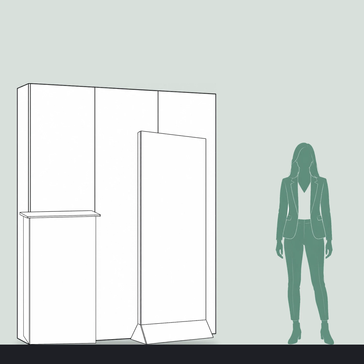 Cardboard Exhibition Stand Kit - 1.68m Wall, Counter & Banner Stand shown to scale next to a 1.7m tall person