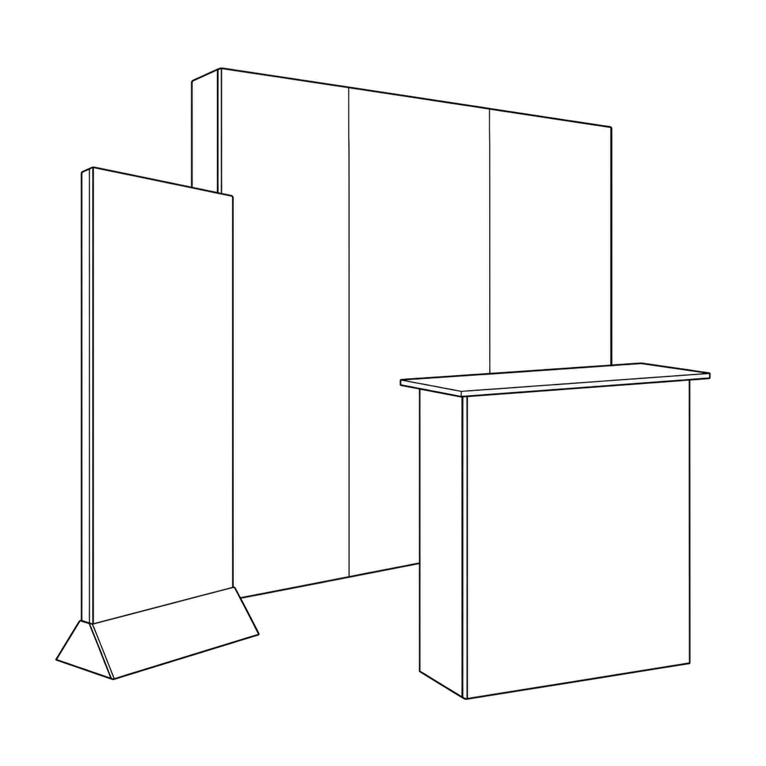 Line drawing of the Cardboard Exhibition Stand Kit - 2.18m Wall, Counter & Banner Stand showing its panels and construction
