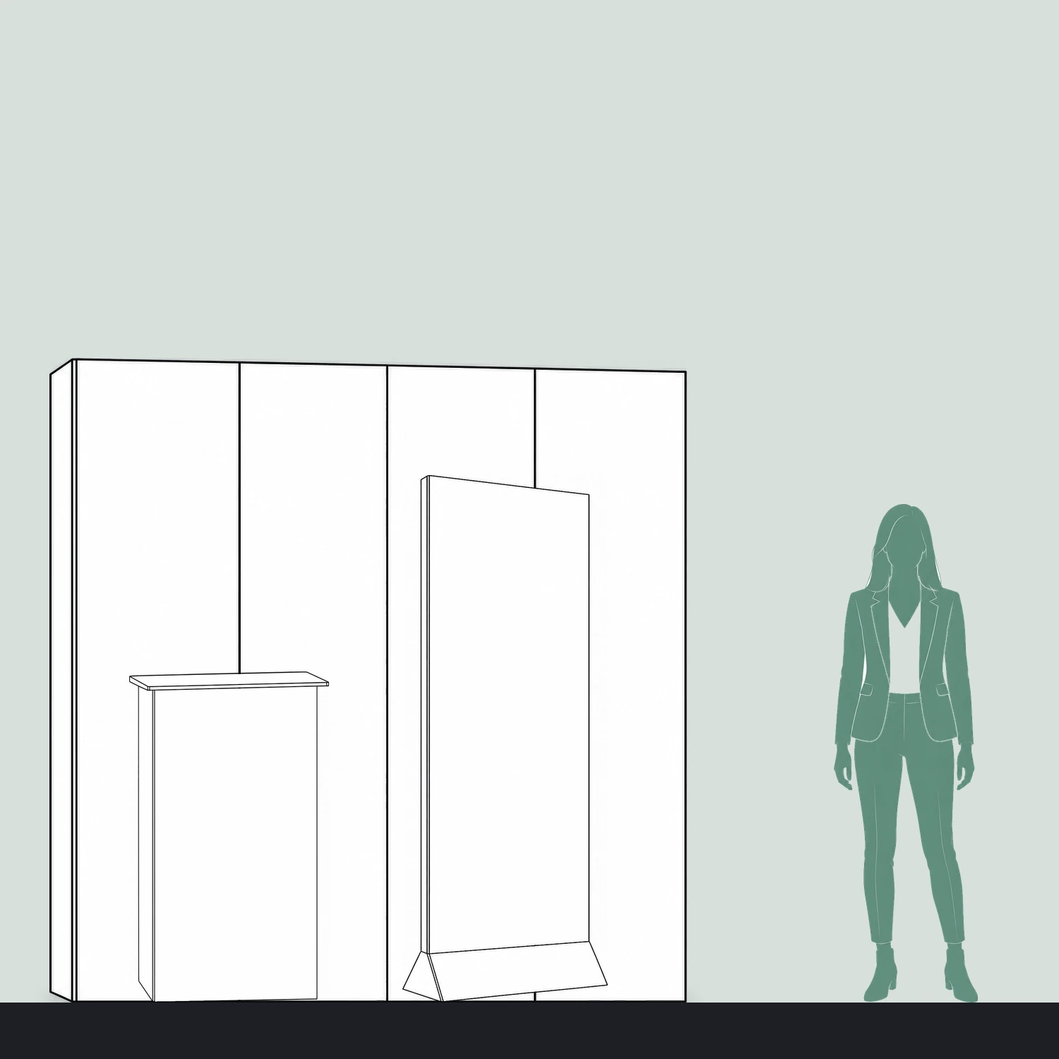 Cardboard Exhibition Stand Kit - 2.18m Wall, Counter & Banner Stand shown to scale next to a 1.7m tall person