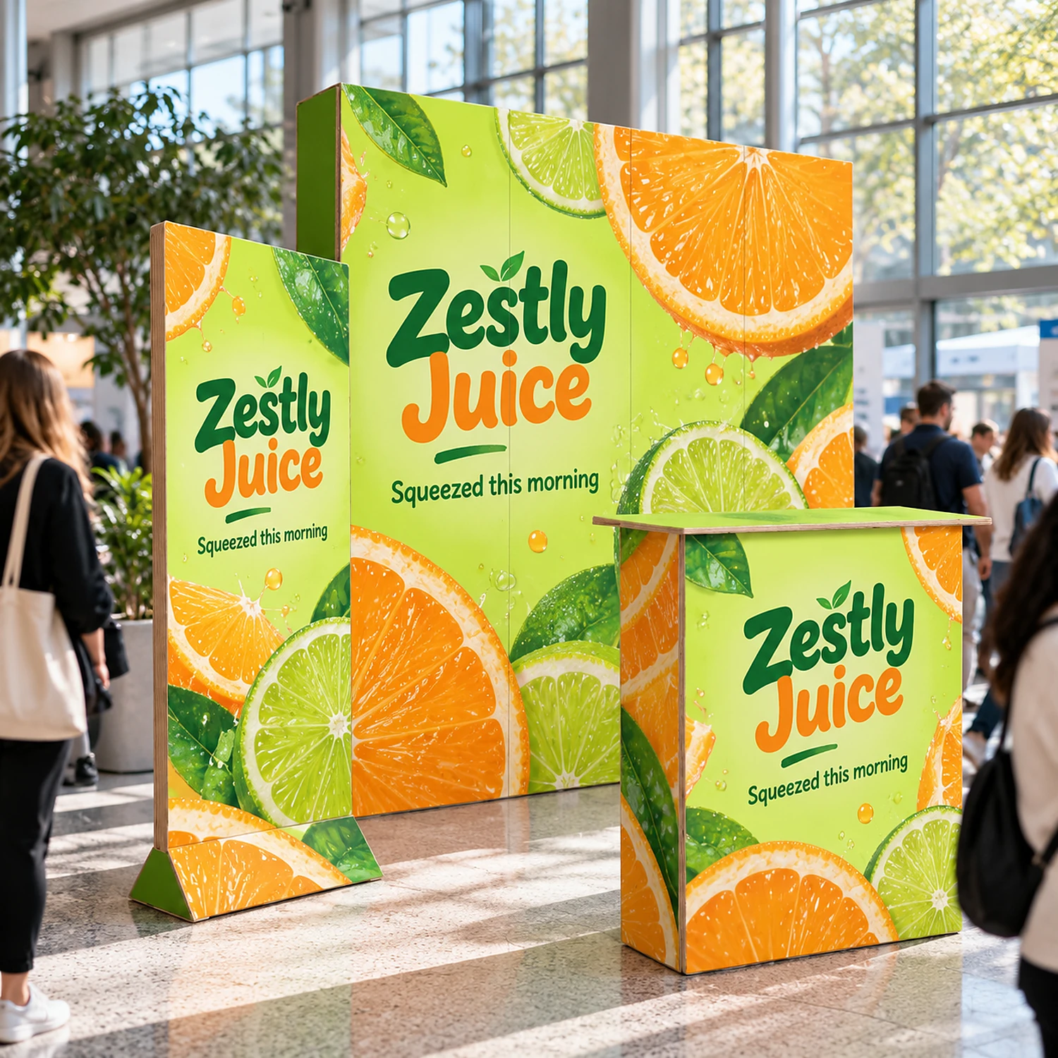 Cardboard Exhibition Stand Kit with an example design, in use at a health and wellbeing show in a bright modern venue atrium with daylight
