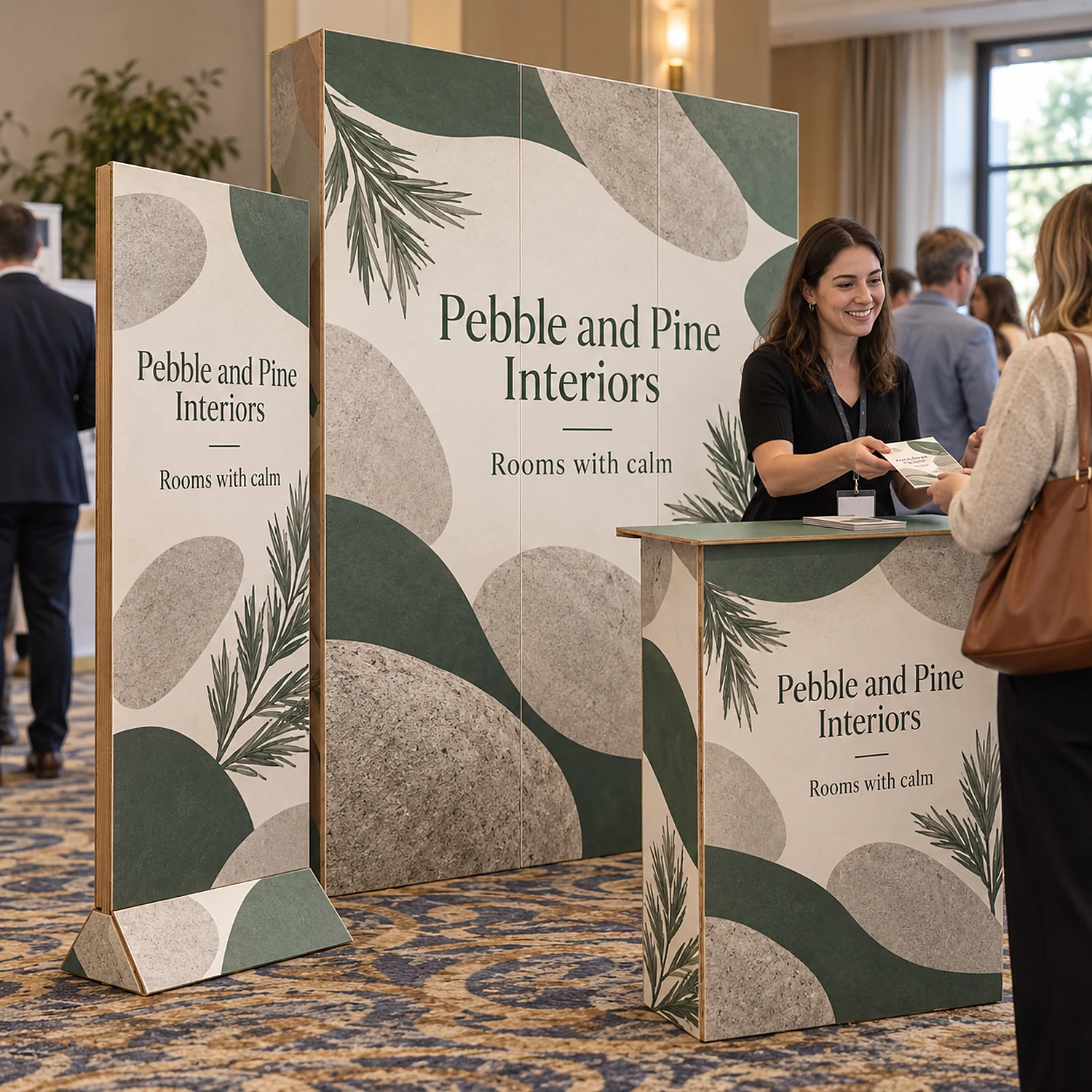 Cardboard Exhibition Stand Kit with an example design, in use at a local business networking expo in a hotel function room with a patterned carpet