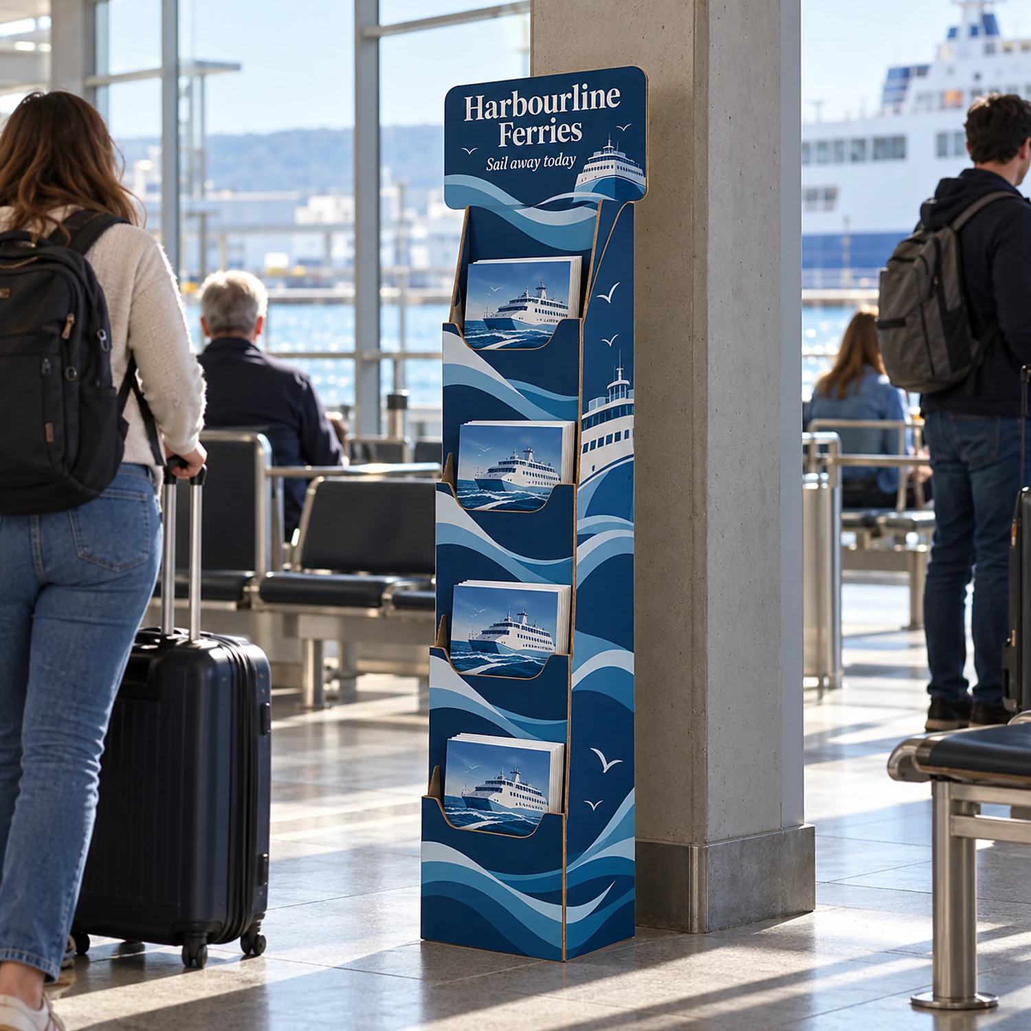 Cardboard Literature Dispenser with an example design, in use at a ferry terminal waiting area with seating and large windows