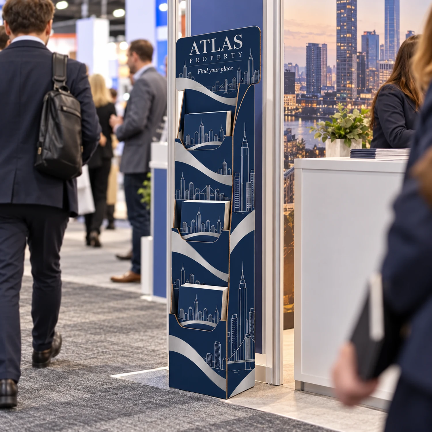 Cardboard Literature Dispenser in use at a trade show, shown with an example design