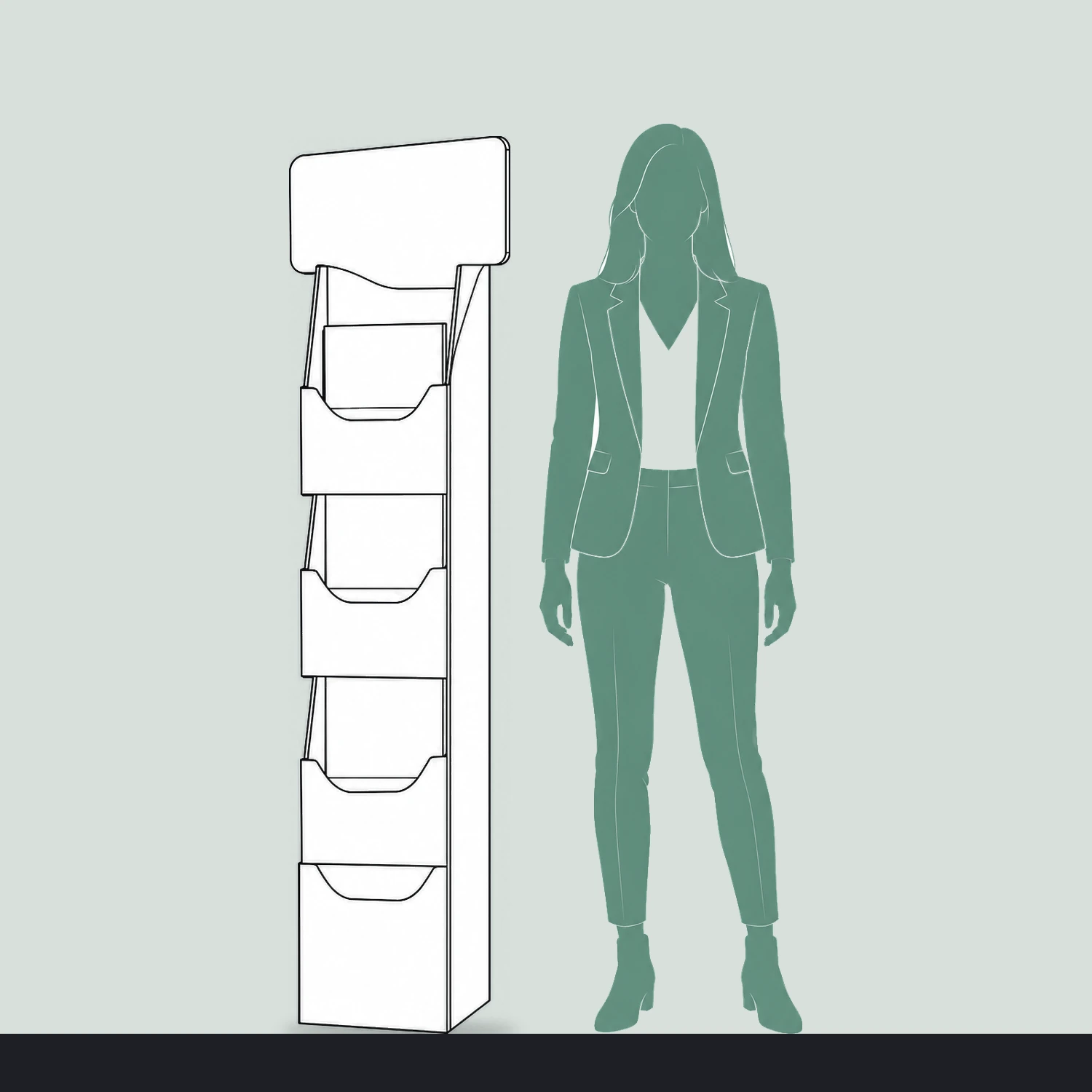 Cardboard Literature Dispenser - Single-Sided shown to scale next to a 1.7m tall person