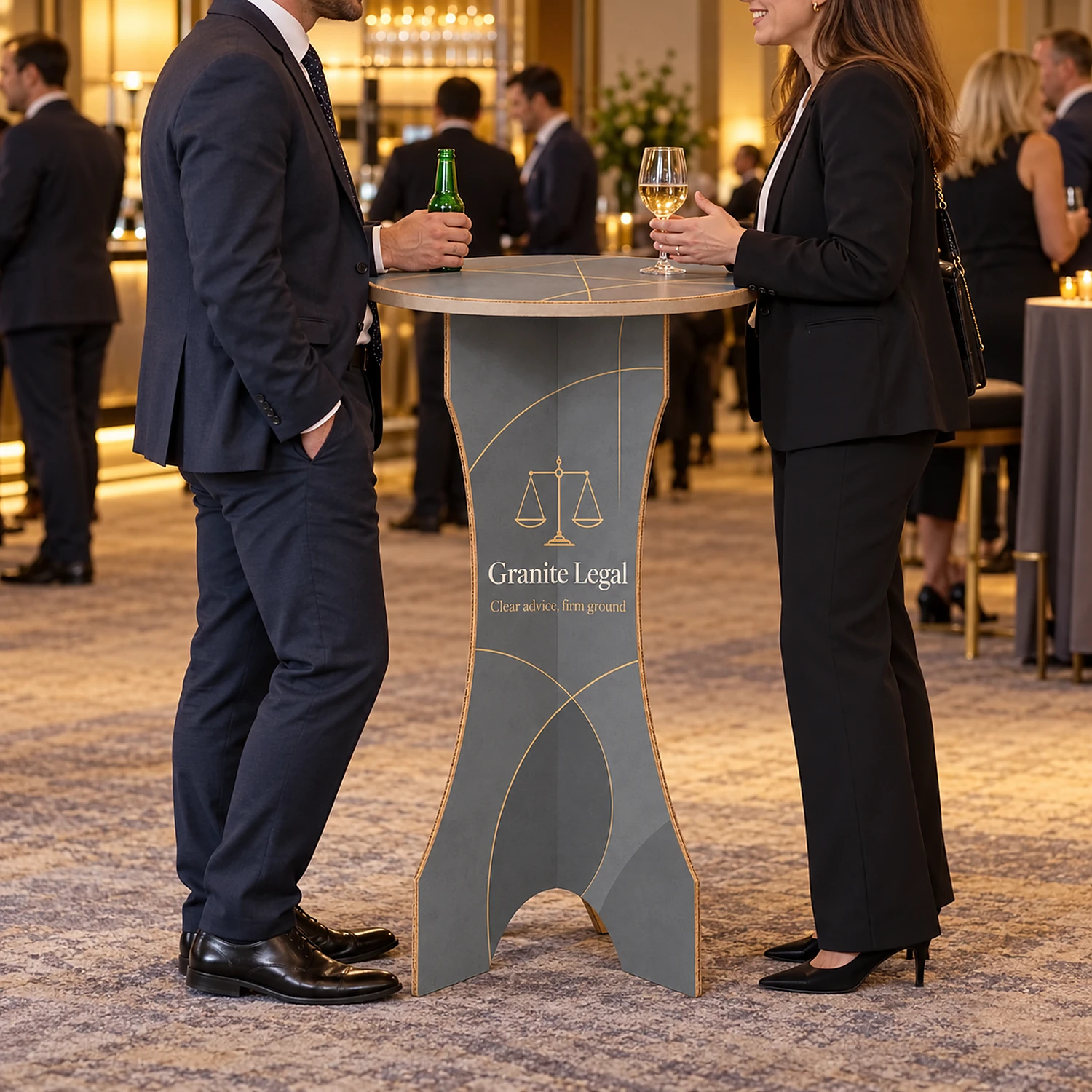 Cardboard Poseur Table with an example design, in use at a professional services networking evening in a hotel bar function room with warm lighting