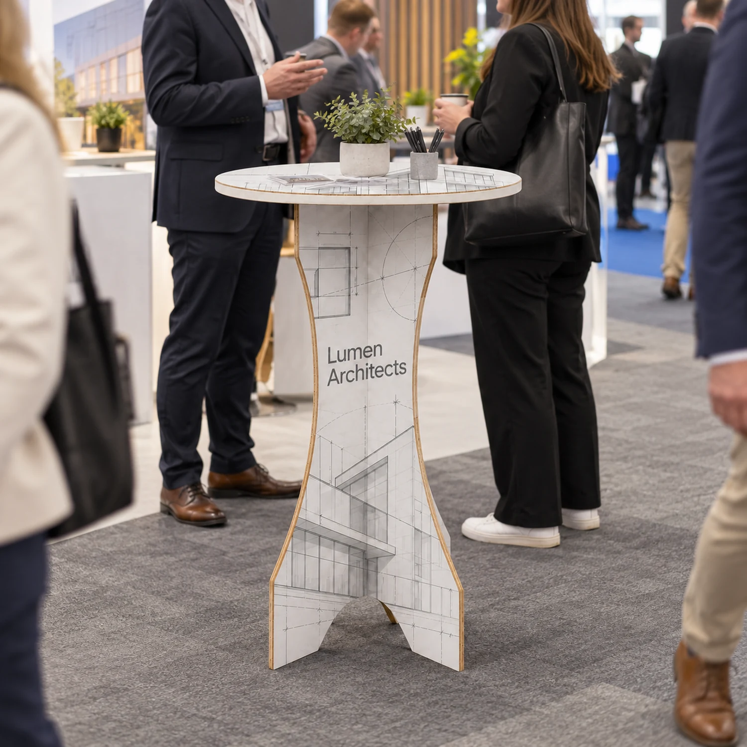 Cardboard Poseur Table in use at a trade show, shown with an example design