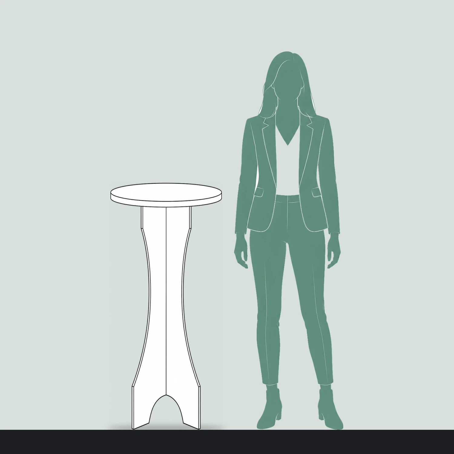 Cardboard Poseur Table shown to scale next to a 1.7m tall person