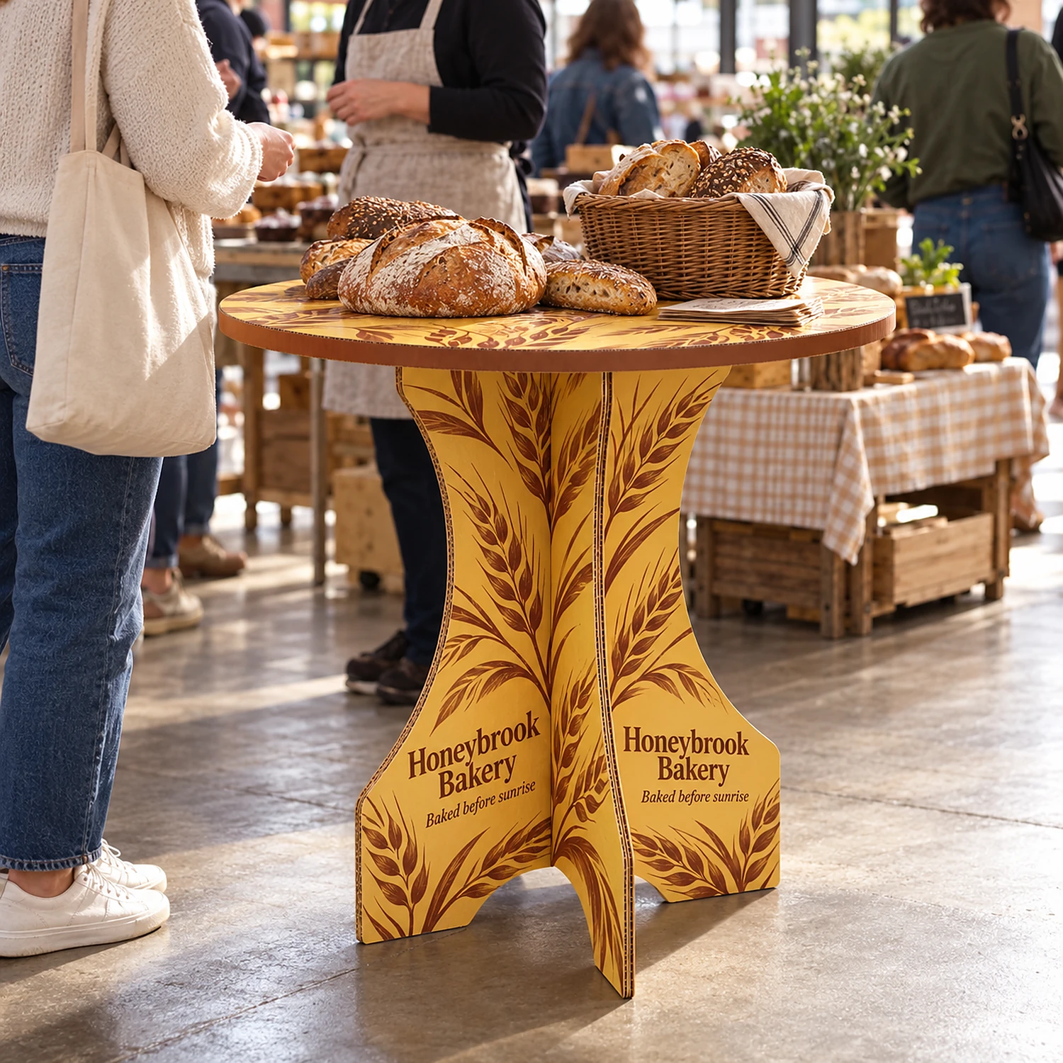 Cardboard Round Table with an example design, in use at a farmers market in an indoor covered market hall