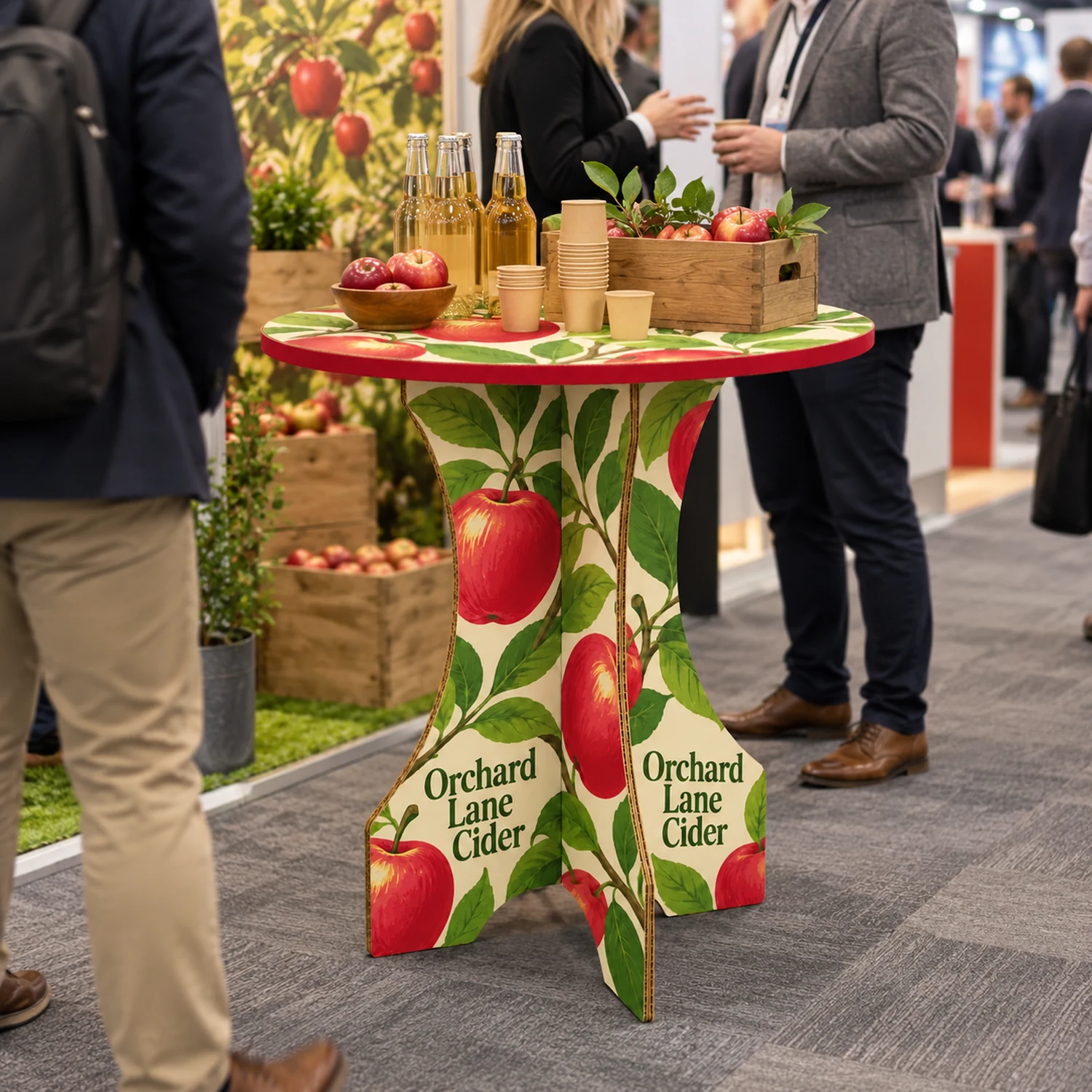 Cardboard Round Table in use at a trade show, shown with an example design