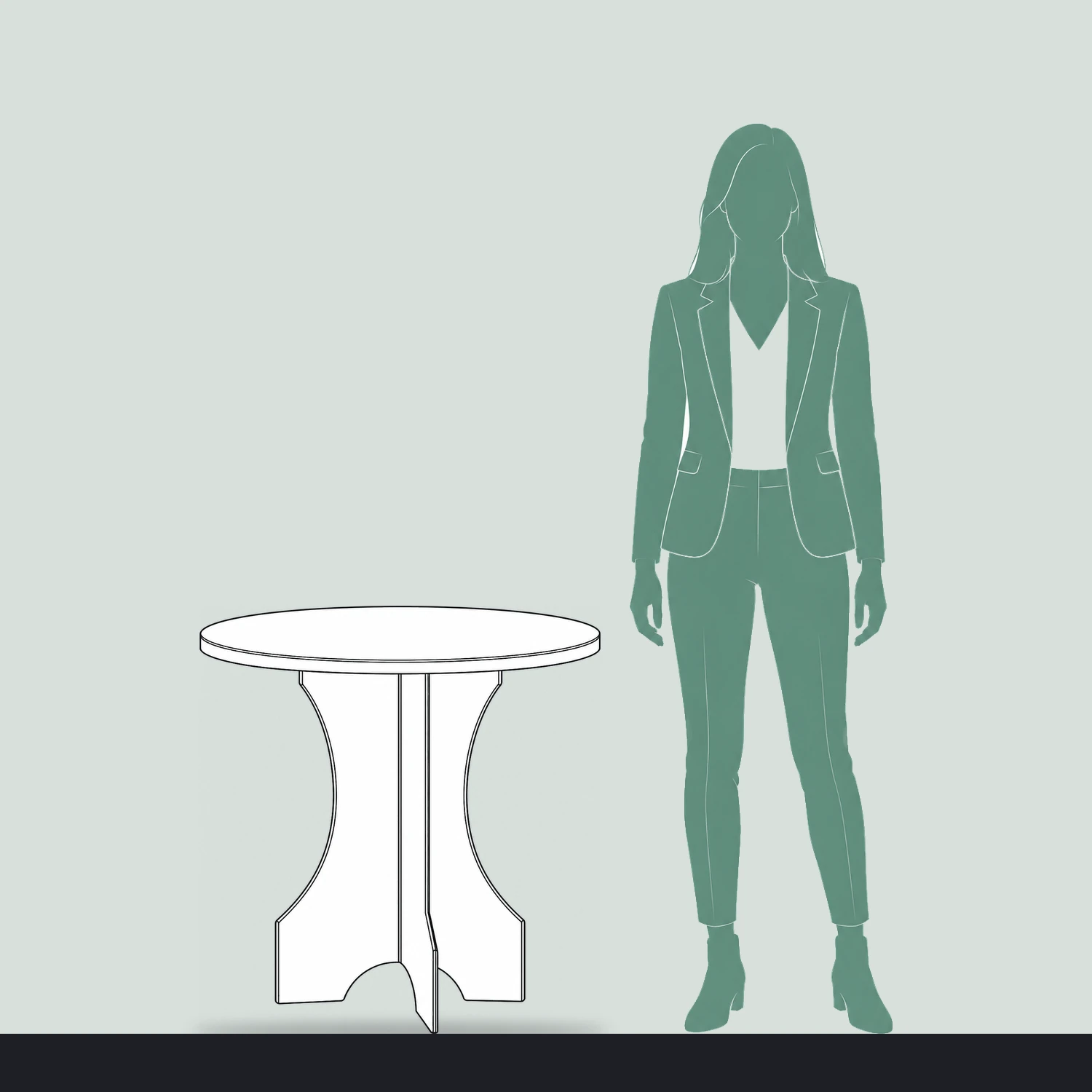 Cardboard Round Table shown to scale next to a 1.7m tall person